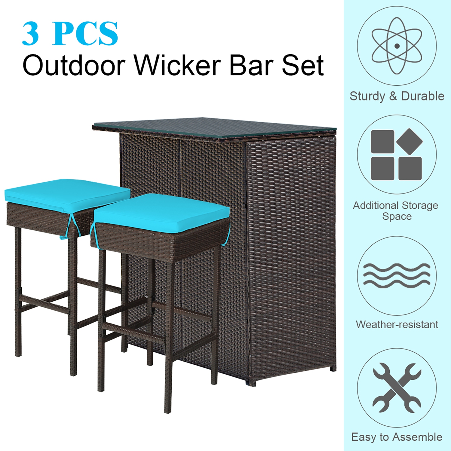 Costway 3PCS Patio Rattan Wicker Bar Table Stools Dining Set Cushioned Chairs Turquoise