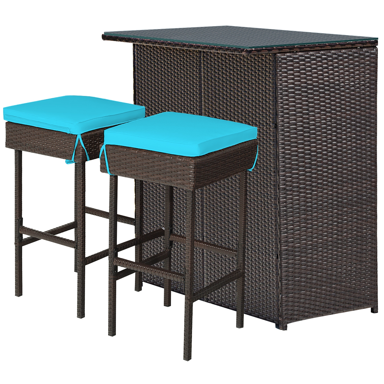 Costway 3PCS Patio Rattan Wicker Bar Table Stools Dining Set Cushioned Chairs Turquoise