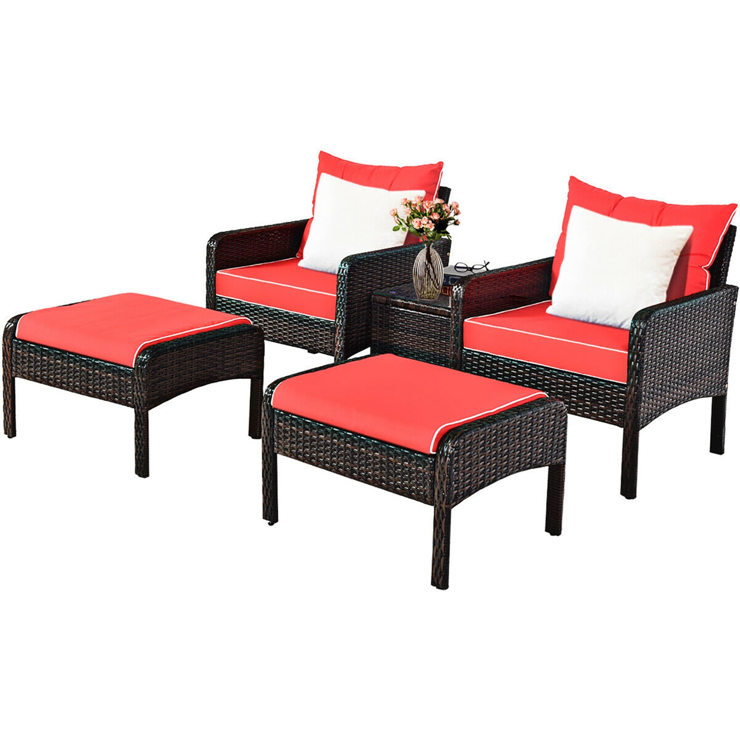 5PCS Ensemble de mobilier de patio en rotin Canapé Table Ottomane Coussin