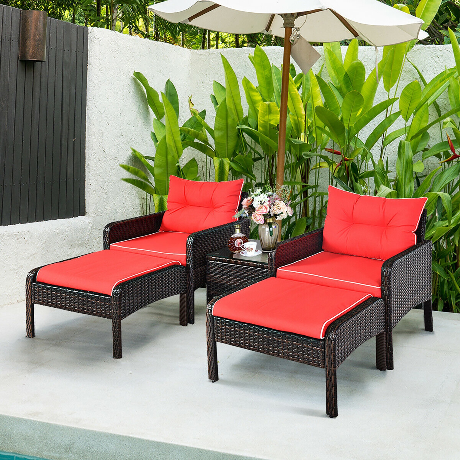 5PCS Ensemble de mobilier de patio en rotin Canapé Table Ottomane Coussin