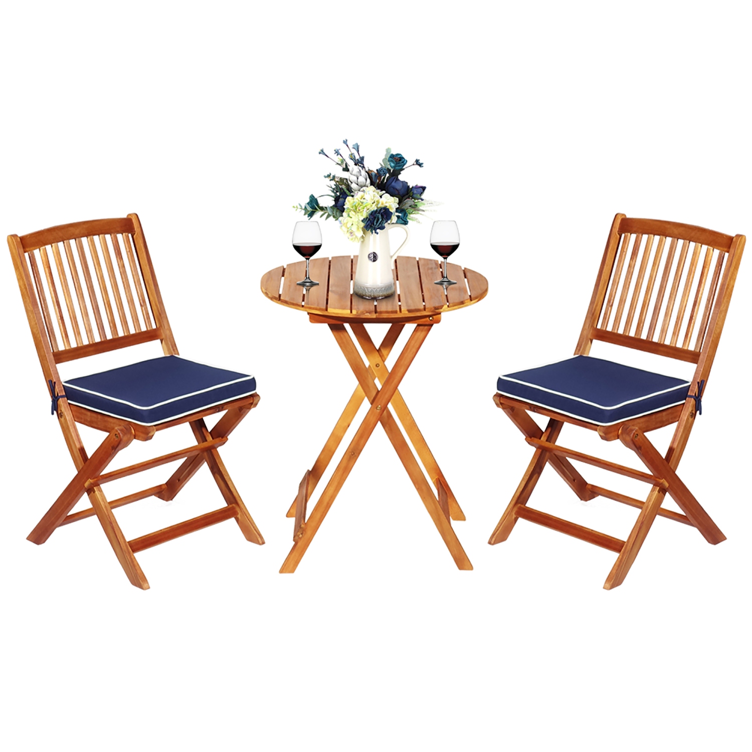 Costway 3PCS Patio Folding Wooden Bistro Set Cushioned Chair Conversation Navy Blue Cushion