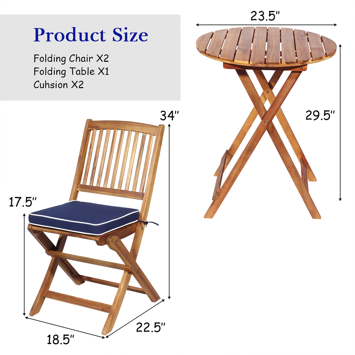 Costway 3PCS Patio Folding Wooden Bistro Set Cushioned Chair Conversation Navy Blue Cushion