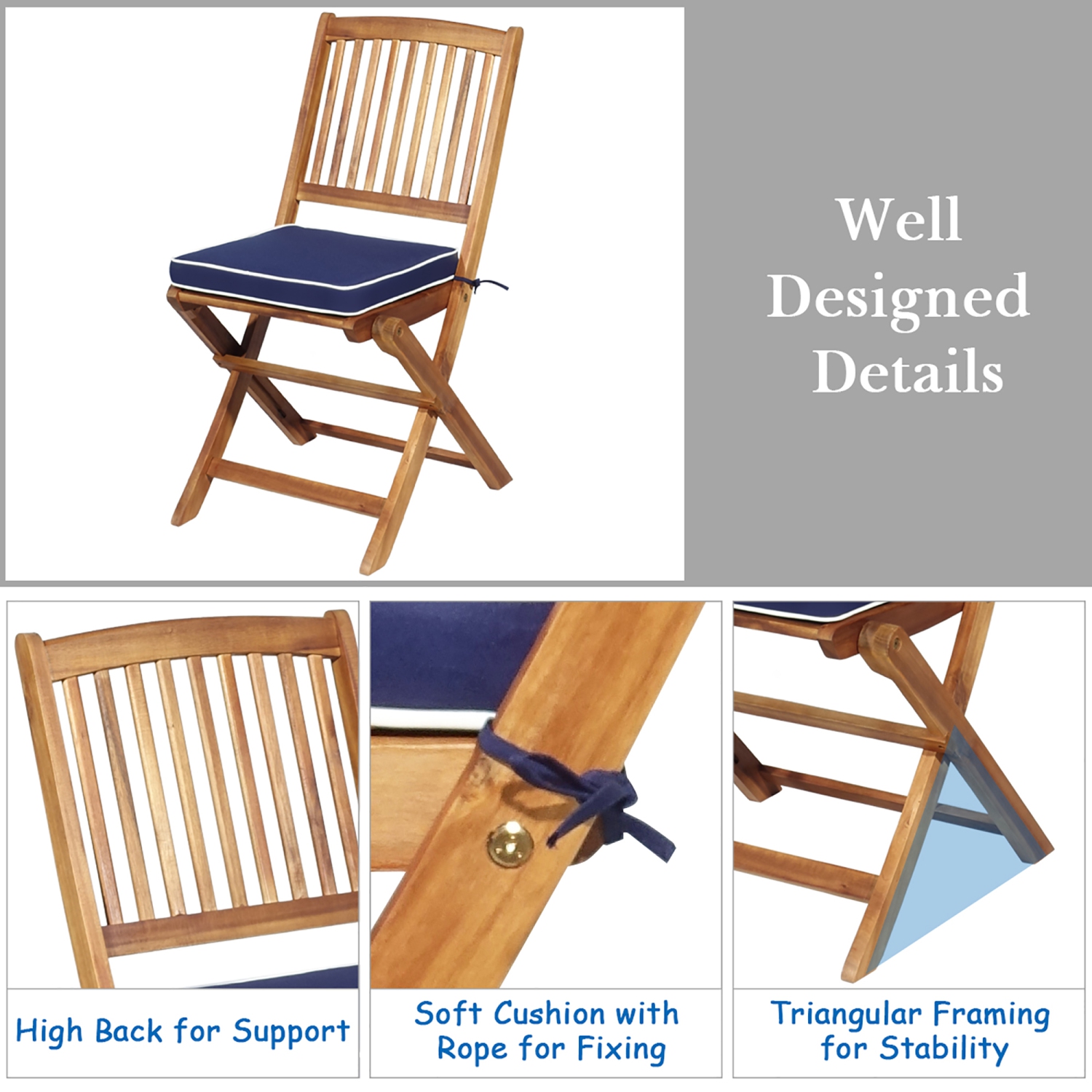 Costway 3PCS Patio Folding Wooden Bistro Set Cushioned Chair Conversation Navy Blue Cushion