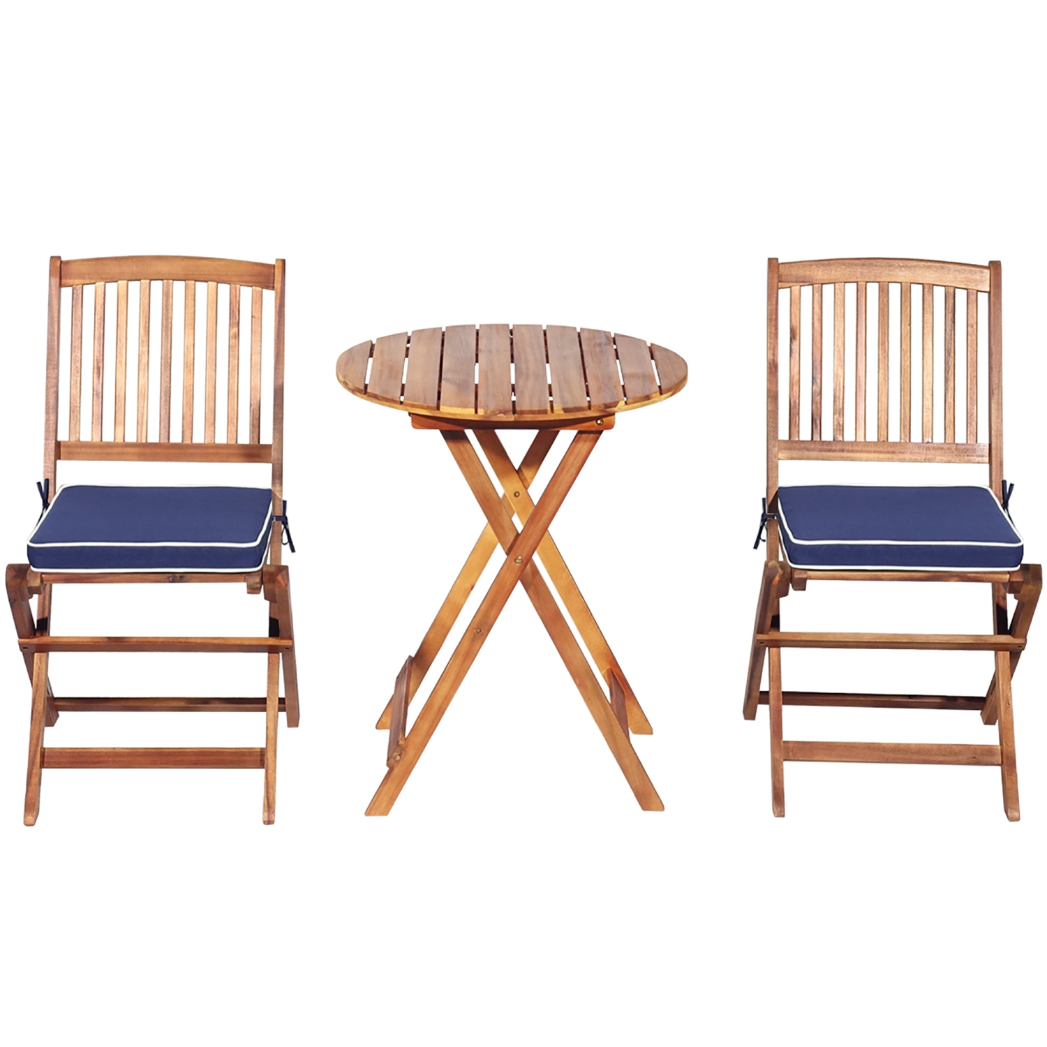 Costway 3PCS Patio Folding Wooden Bistro Set Cushioned Chair Conversation Navy Blue Cushion