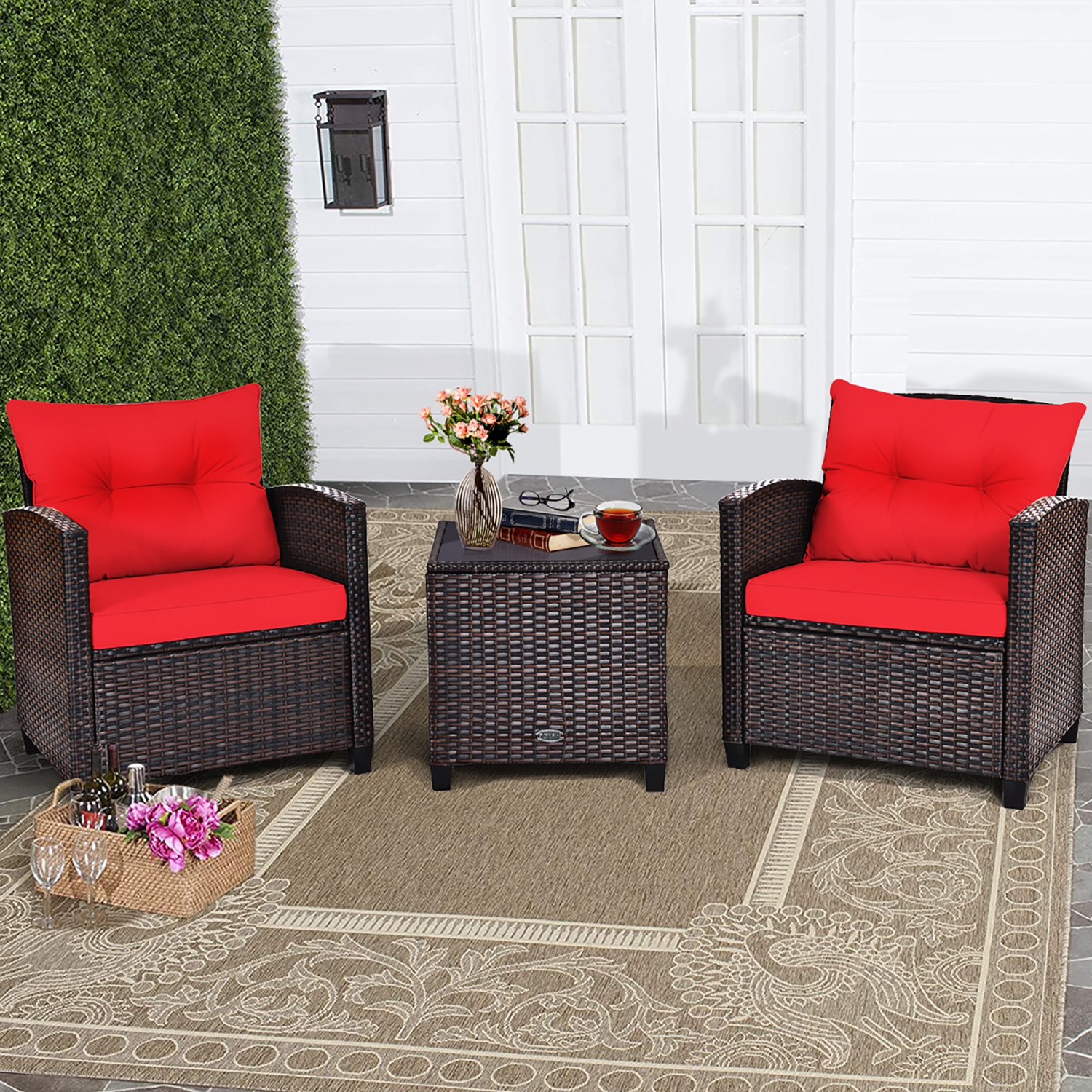 3PCS Ensemble de mobilier de patio extérieur en rotin Table basse Fauteuil Accoudoir avec coussin Costway