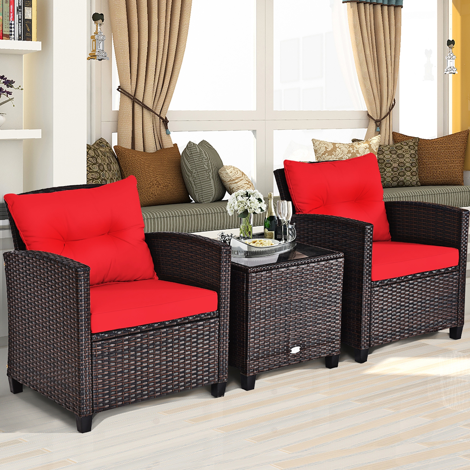 3PCS Ensemble de mobilier de patio extérieur en rotin Table basse Fauteuil Accoudoir avec coussin Costway