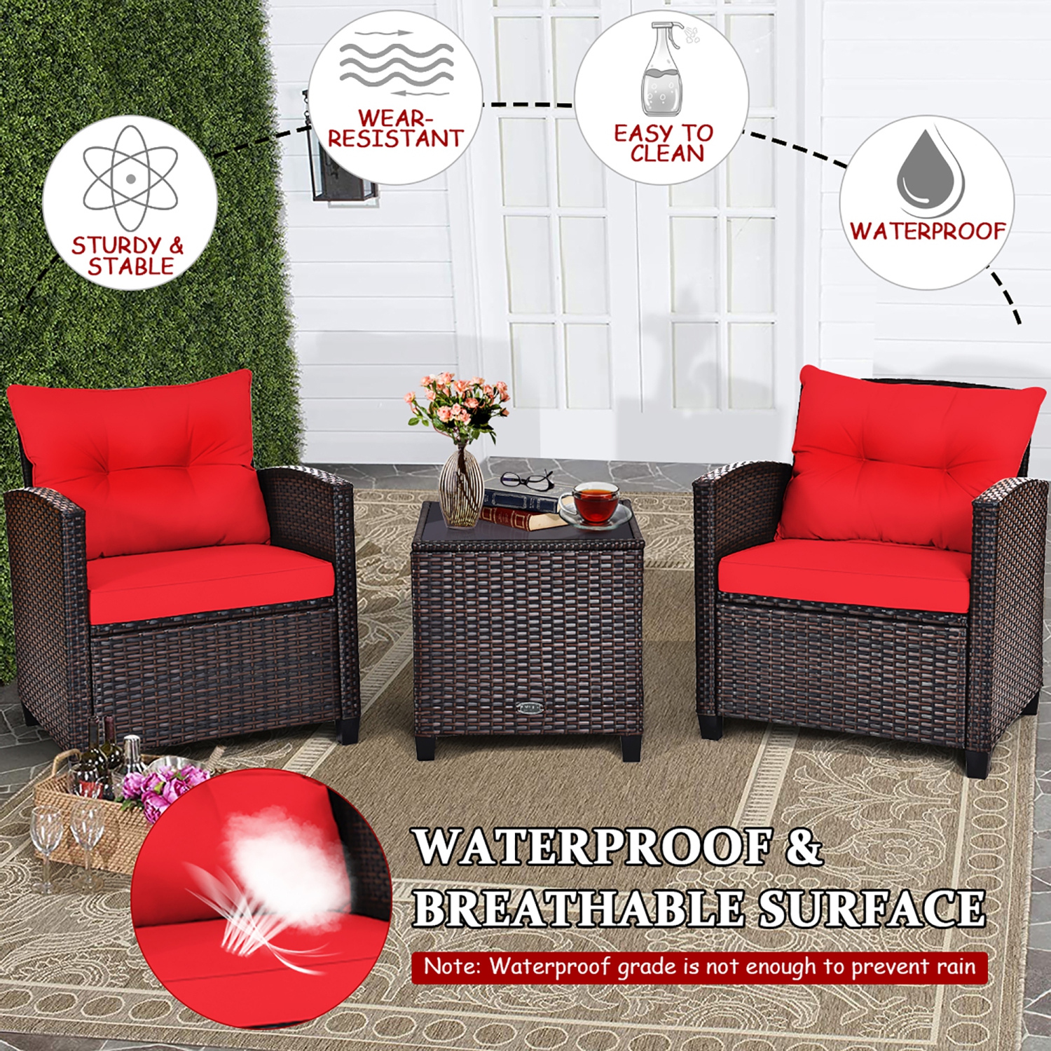 3PCS Ensemble de mobilier de patio extérieur en rotin Table basse Fauteuil Accoudoir avec coussin Costway