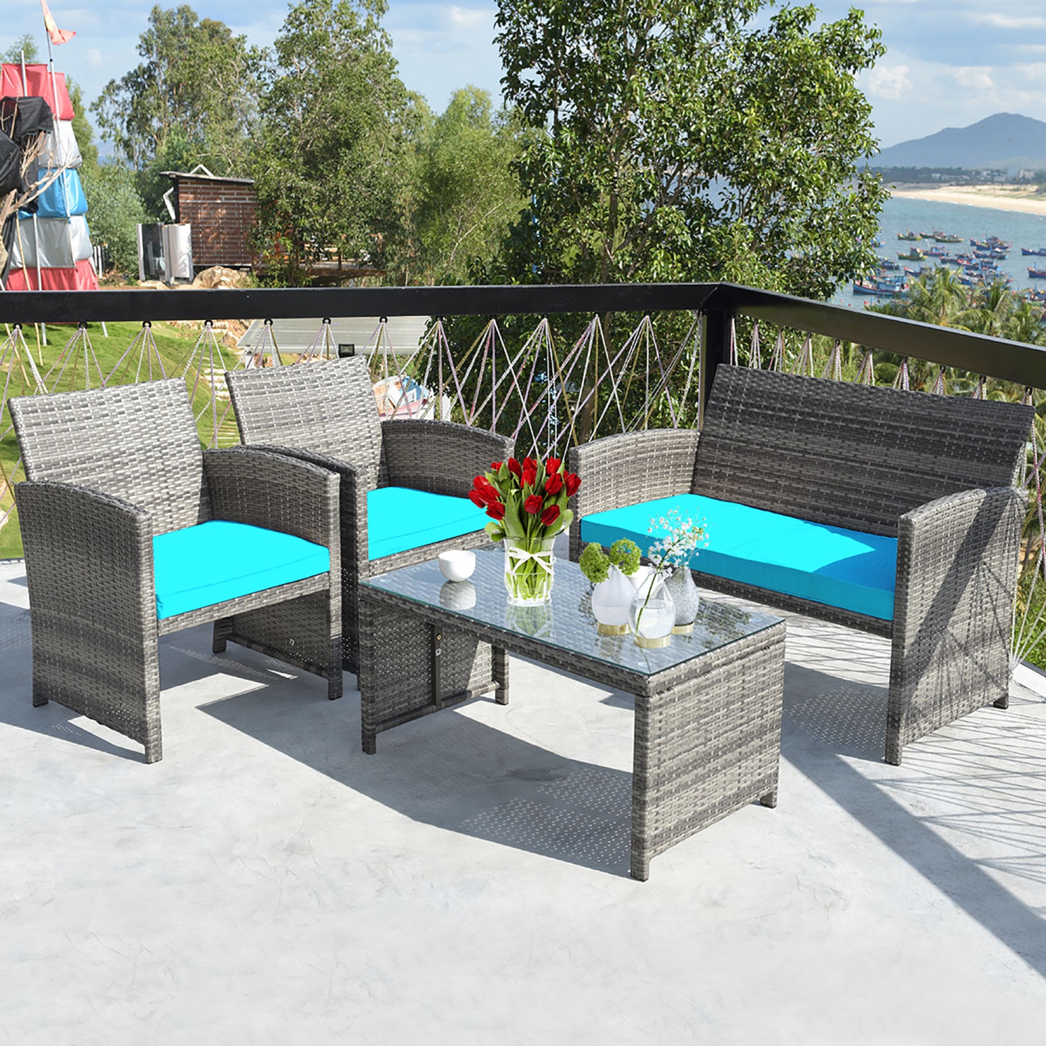 Costway 4PCS Patio Rattan Furniture Set Conversation Glass Table Top Cushioned Turquoise