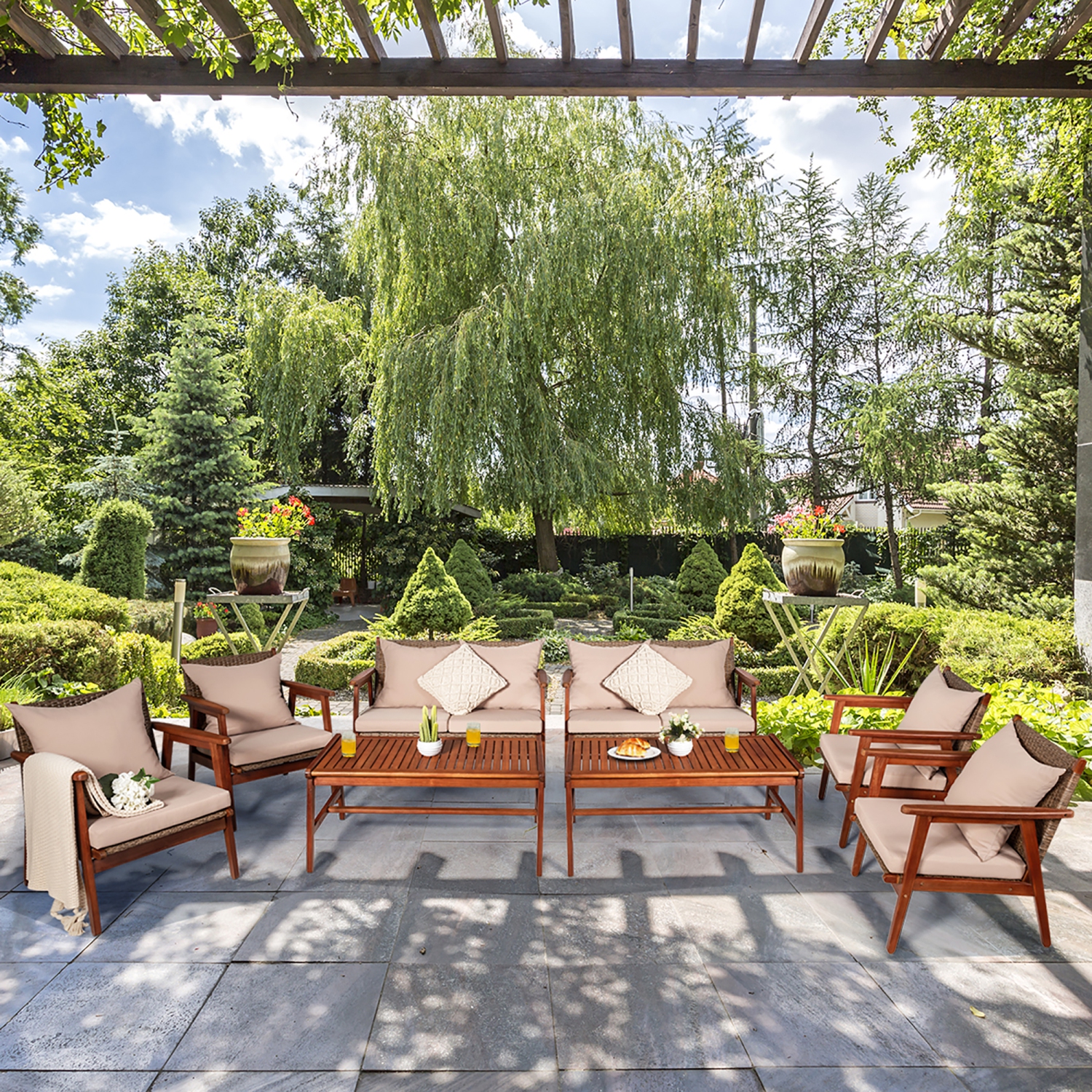 Ensemble de meubles de patio en rotin de Costway 8 pièces Fauteuil de canapé rembourré avec cadre en bois d'acacia
