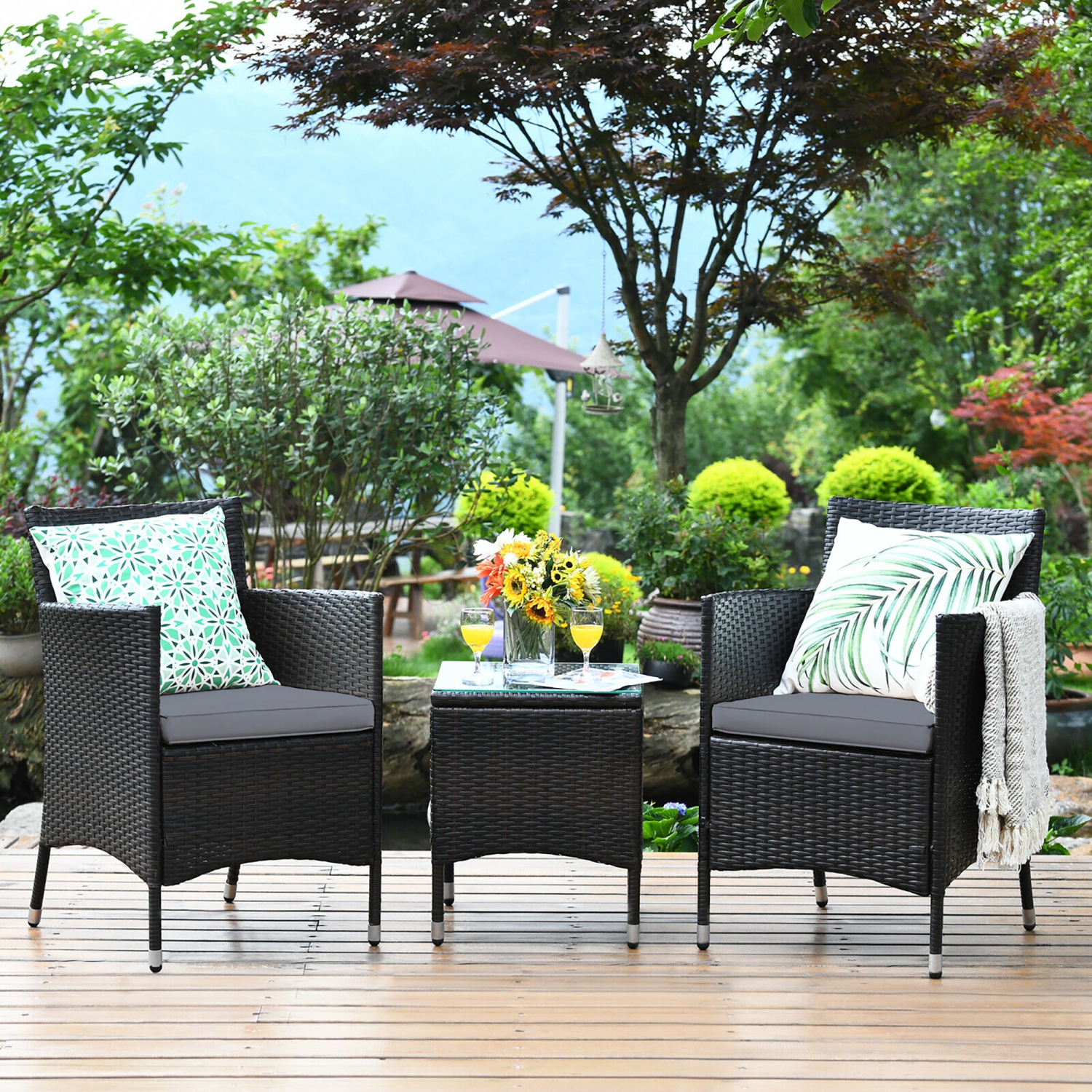 Costway Outdoor 3 PCS PE Rattan Wicker Furniture Sets Chairs Coffee Table Garden