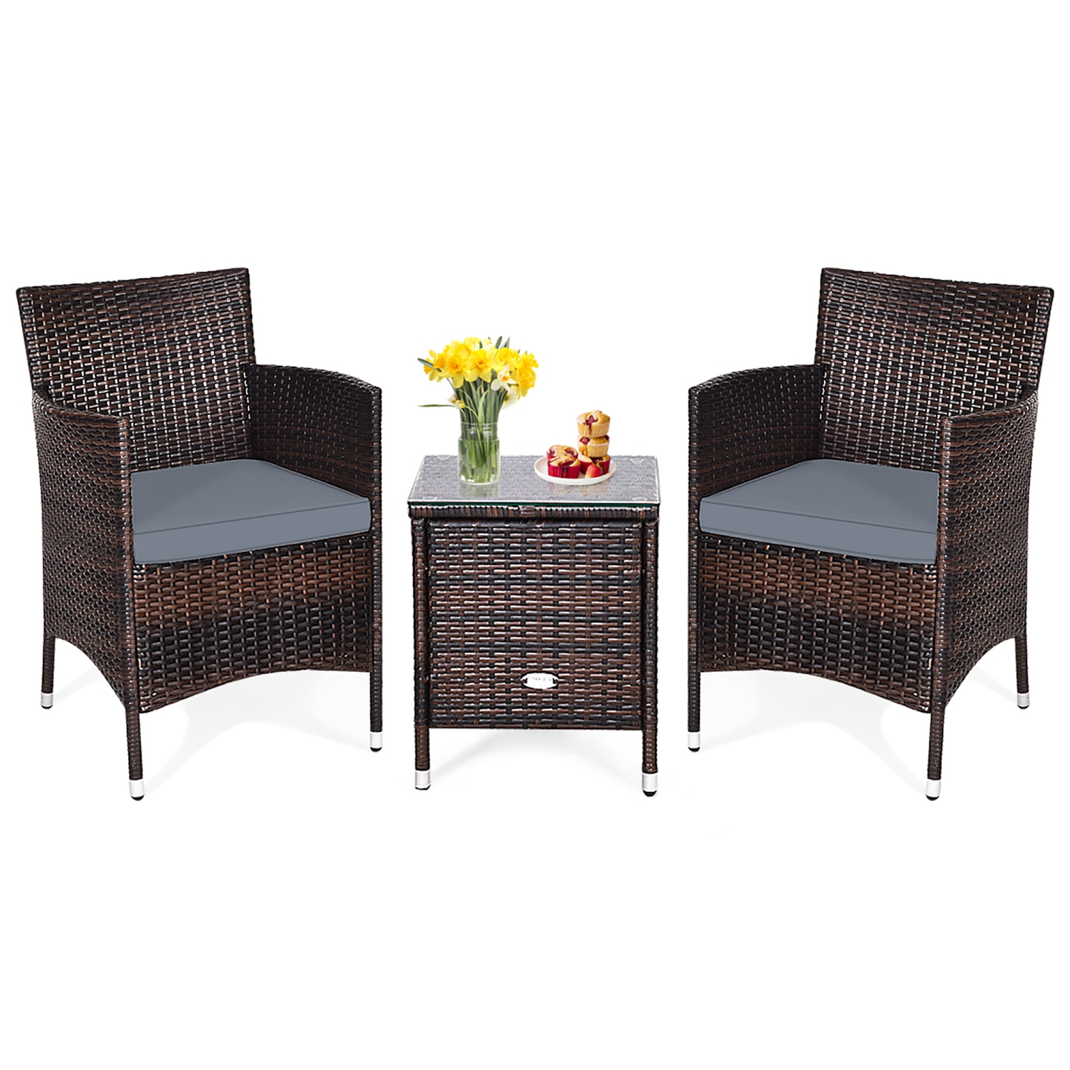 Costway Outdoor 3 PCS PE Rattan Wicker Furniture Sets Chairs Coffee Table Garden