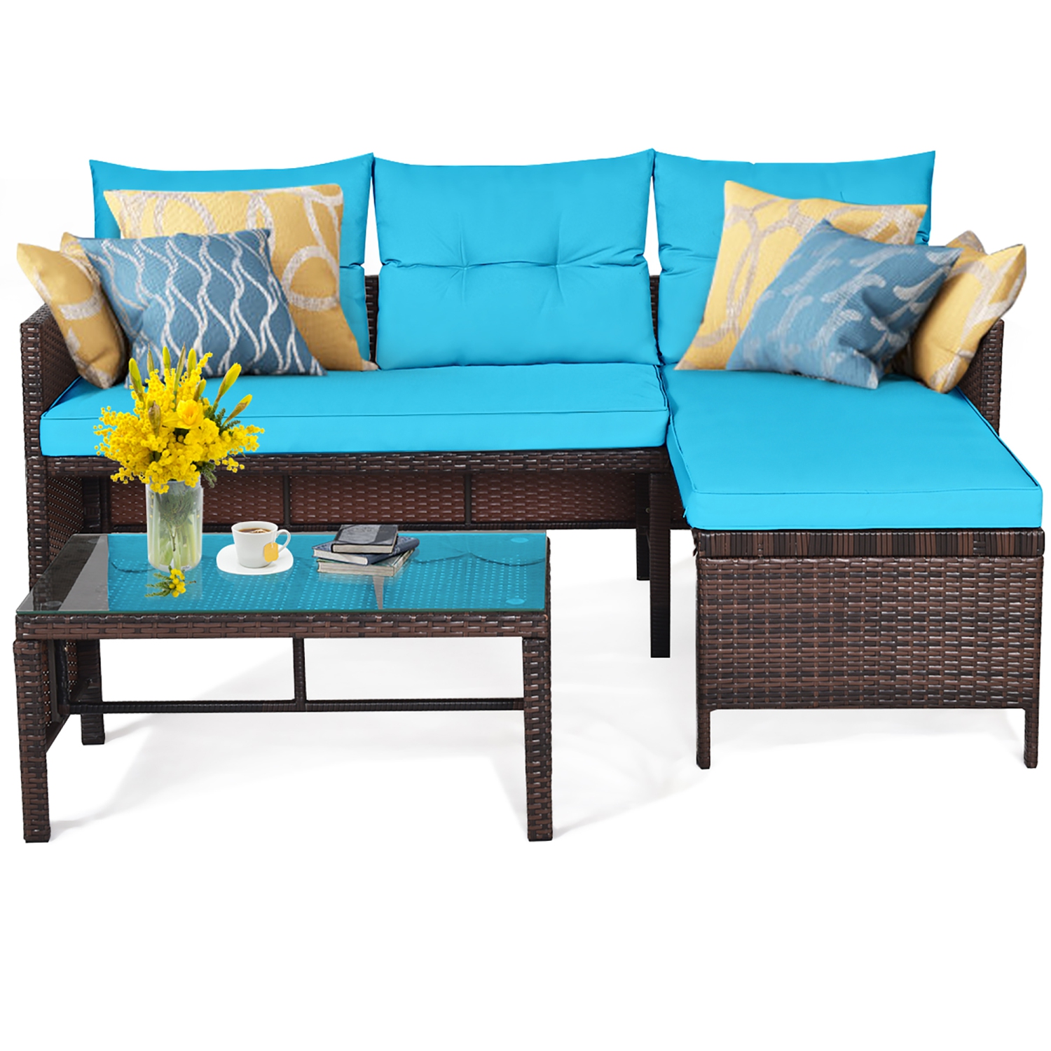 Costway 3PCS Patio Wicker Rattan Sofa Set Outdoor Sectional Conversation Set Turquoise