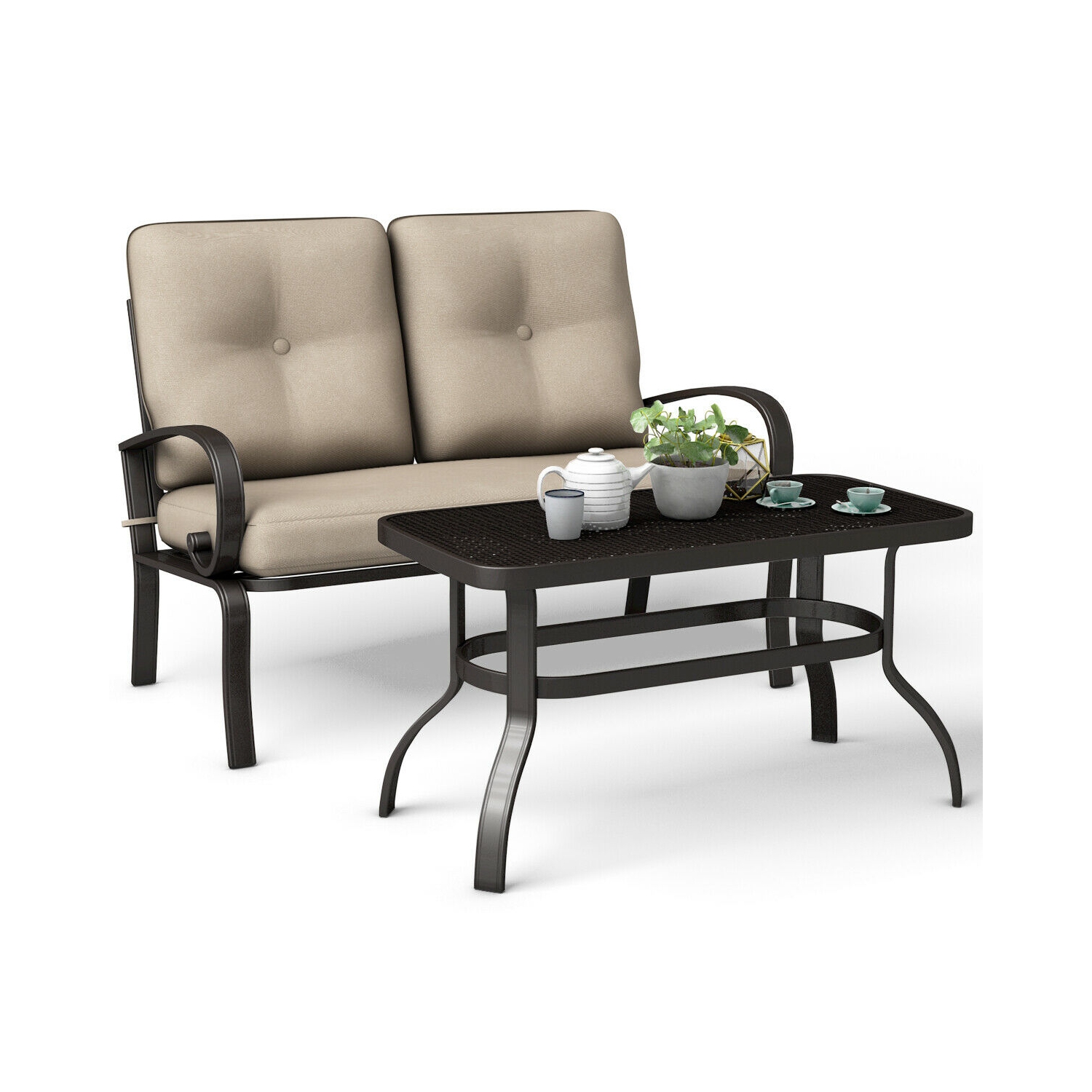 Costway 2 Pcs Patio Outdoor LoveSeat Coffee Table Set Furniture Bench With Cushion