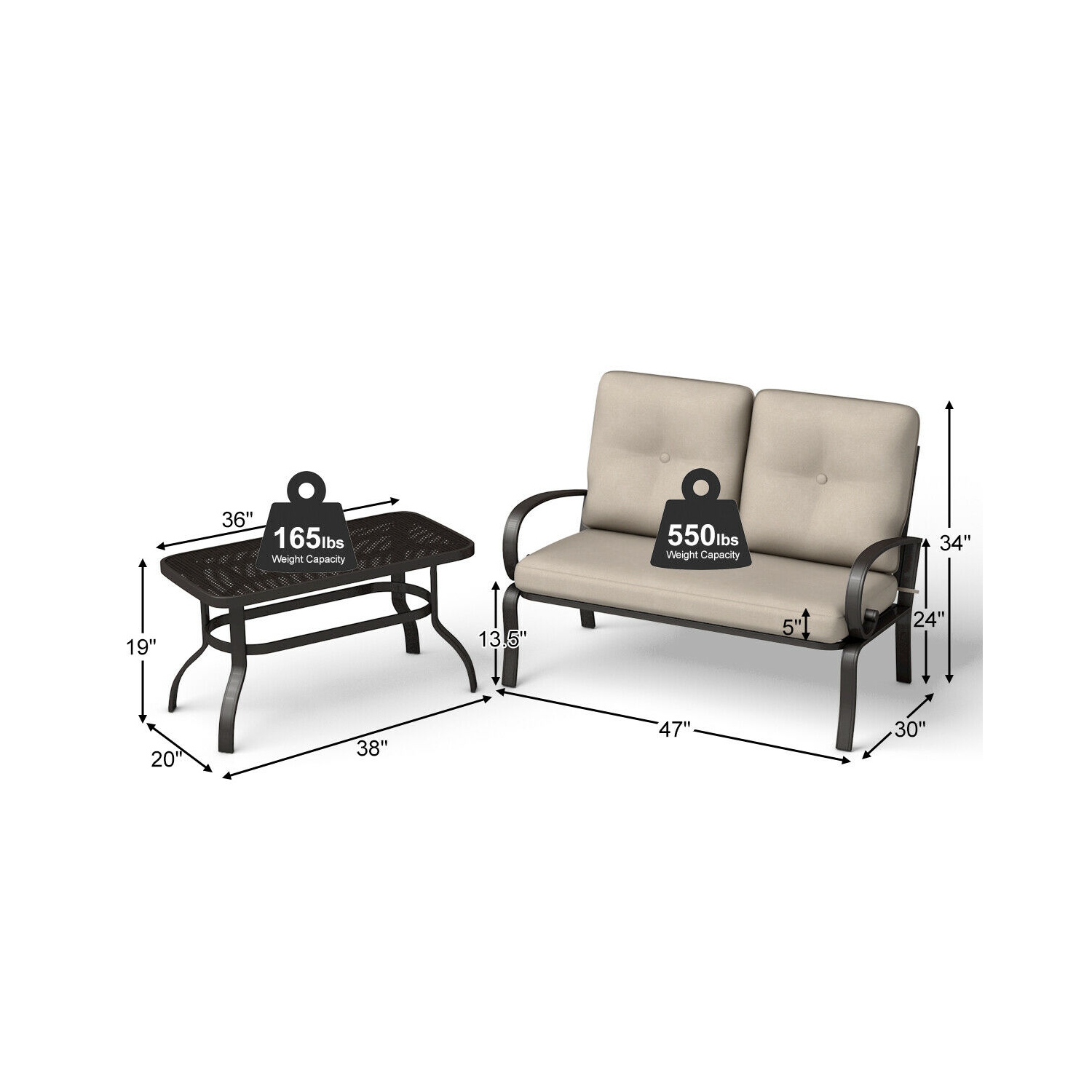 Costway 2 Pcs Patio Outdoor LoveSeat Coffee Table Set Furniture Bench With Cushion