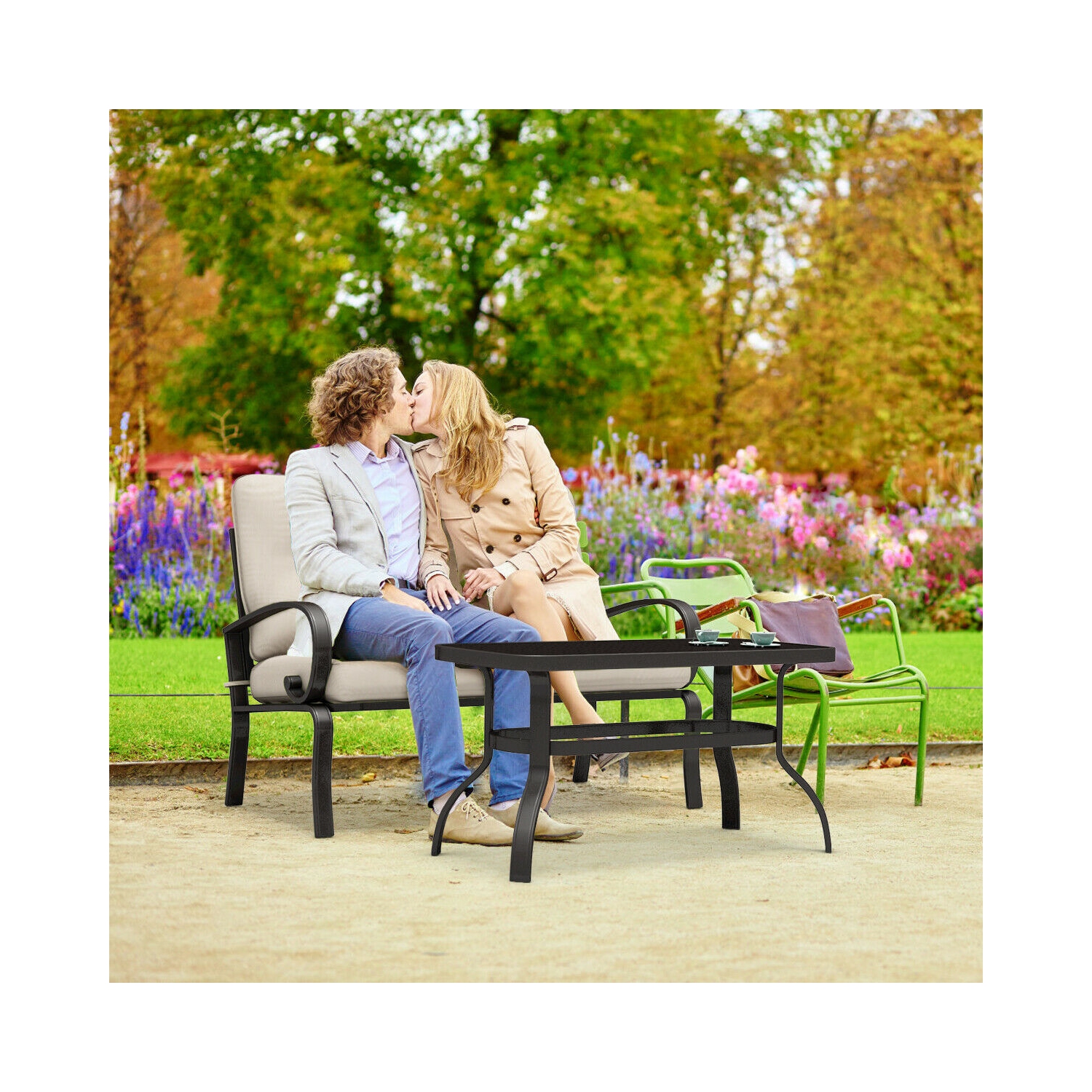 Costway 2 Pcs Patio Outdoor LoveSeat Coffee Table Set Furniture Bench With Cushion