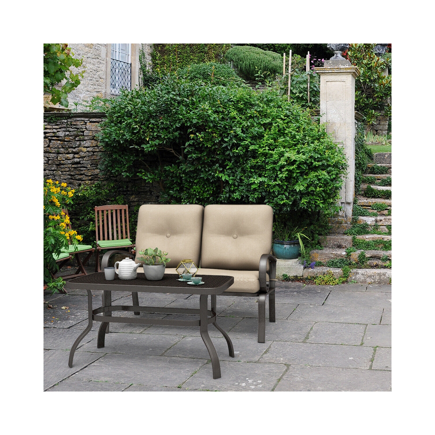 Costway 2 Pcs Patio Outdoor LoveSeat Coffee Table Set Furniture Bench With Cushion