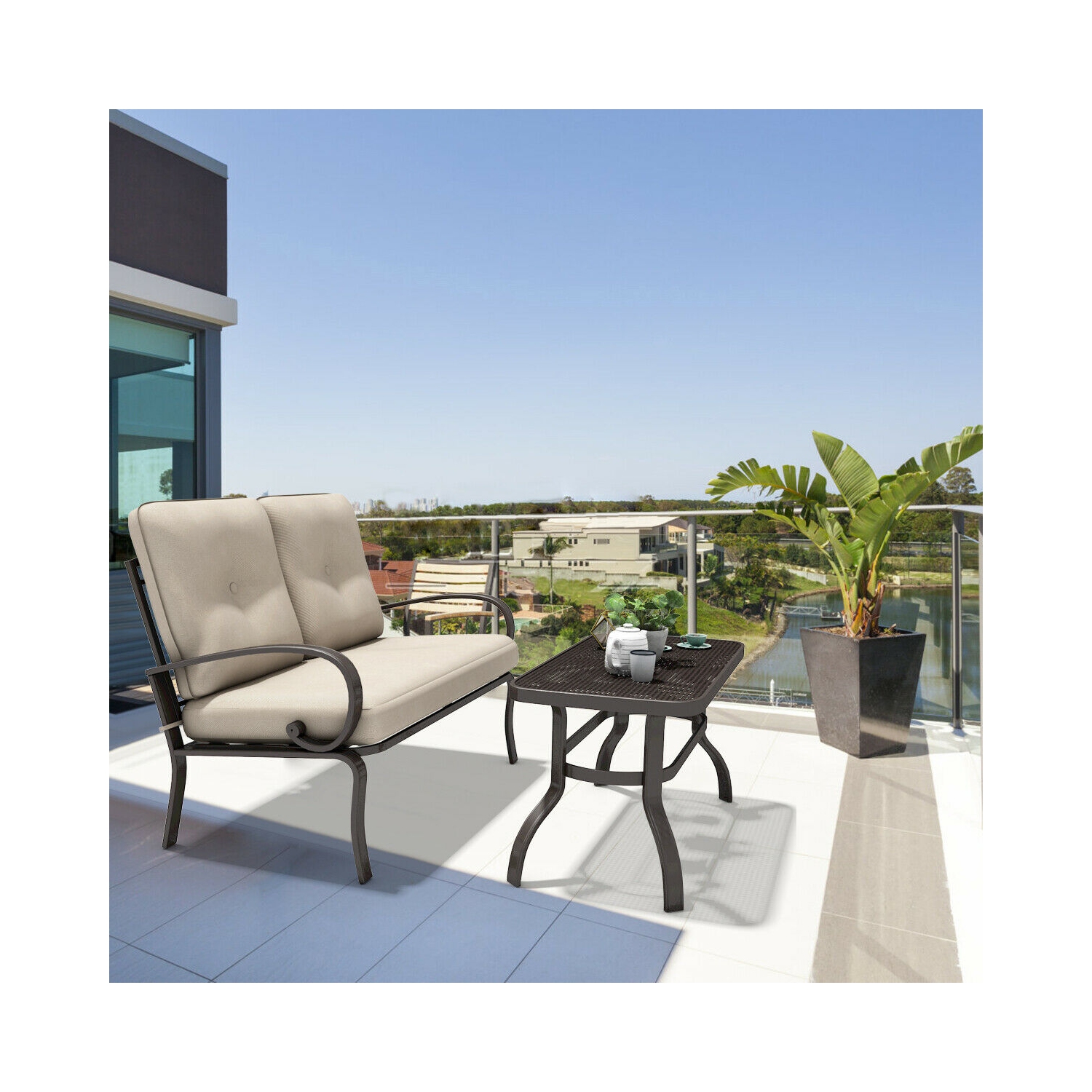 Costway 2 Pcs Patio Outdoor LoveSeat Coffee Table Set Furniture Bench With Cushion