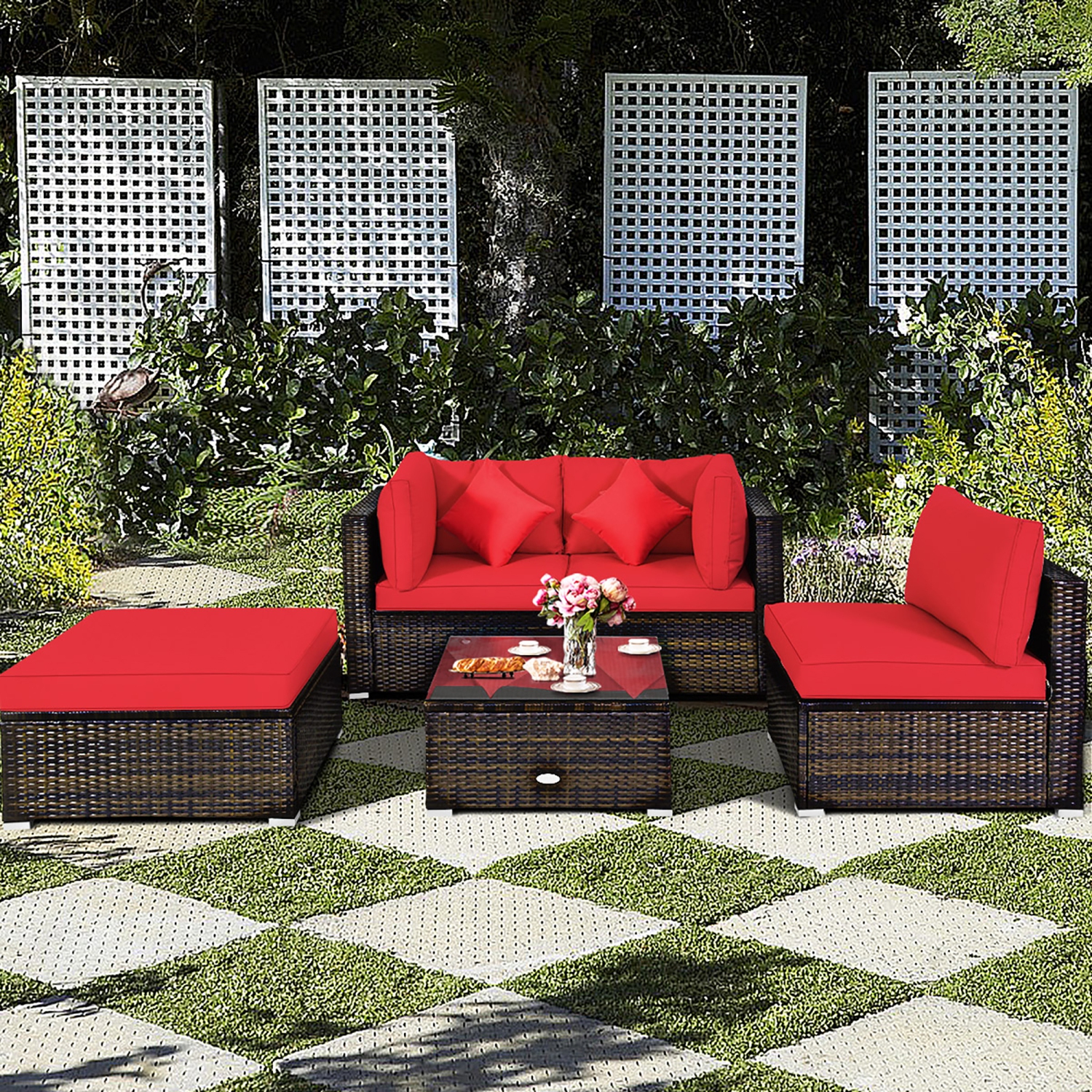 Costway 5PCS Outdoor Patio Rattan Furniture Set Sectional Conversation W/Cushion