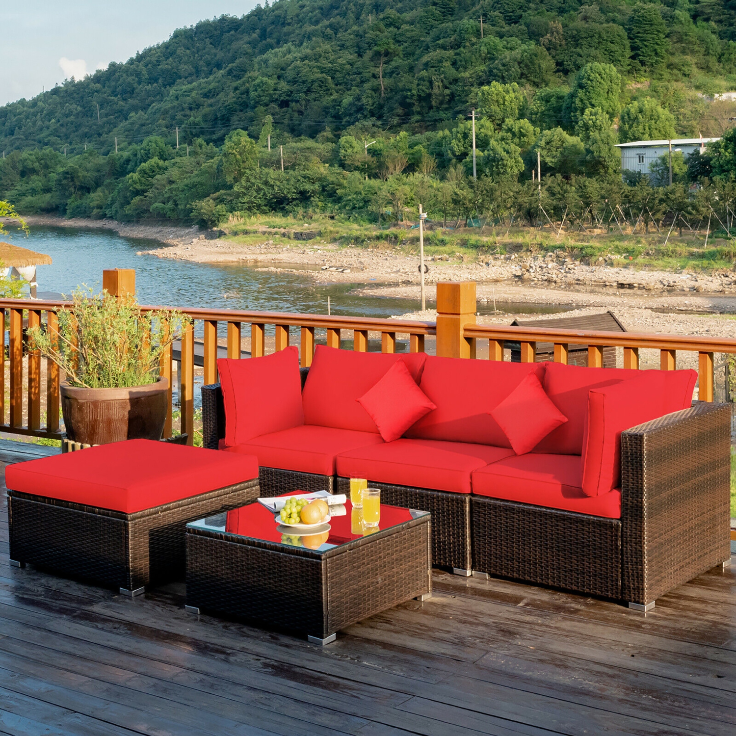 Costway 5PCS Outdoor Patio Rattan Furniture Set Sectional Conversation W/Cushion