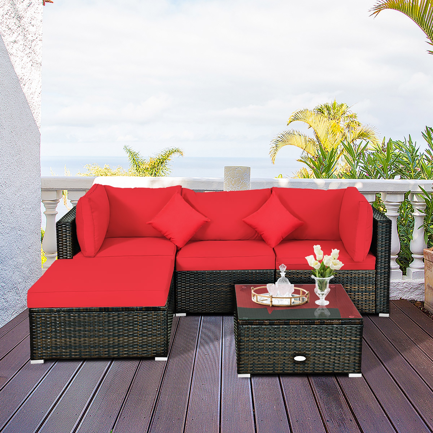 Costway 5PCS Outdoor Patio Rattan Furniture Set Sectional Conversation W/Cushion