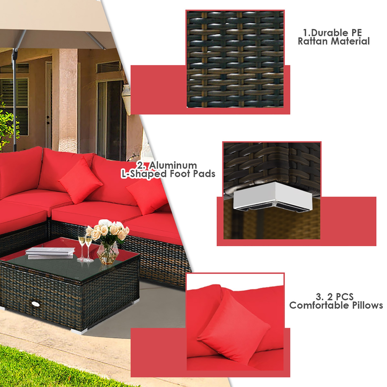 Costway 5PCS Outdoor Patio Rattan Furniture Set Sectional Conversation W/Cushion