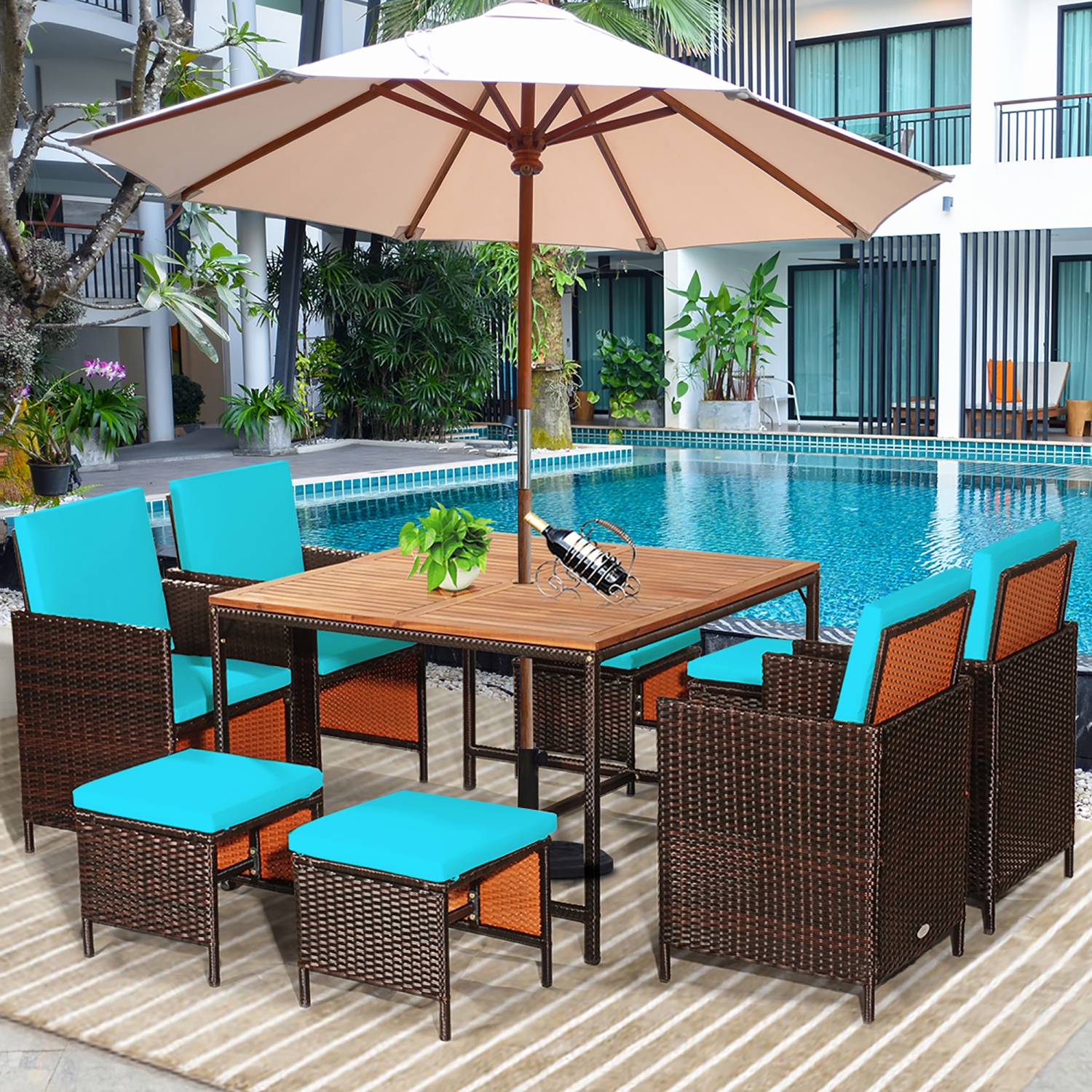 Costway 9PCS Patio Rattan Dining Set Cushioned Chairs Ottoman Wood Table Top
