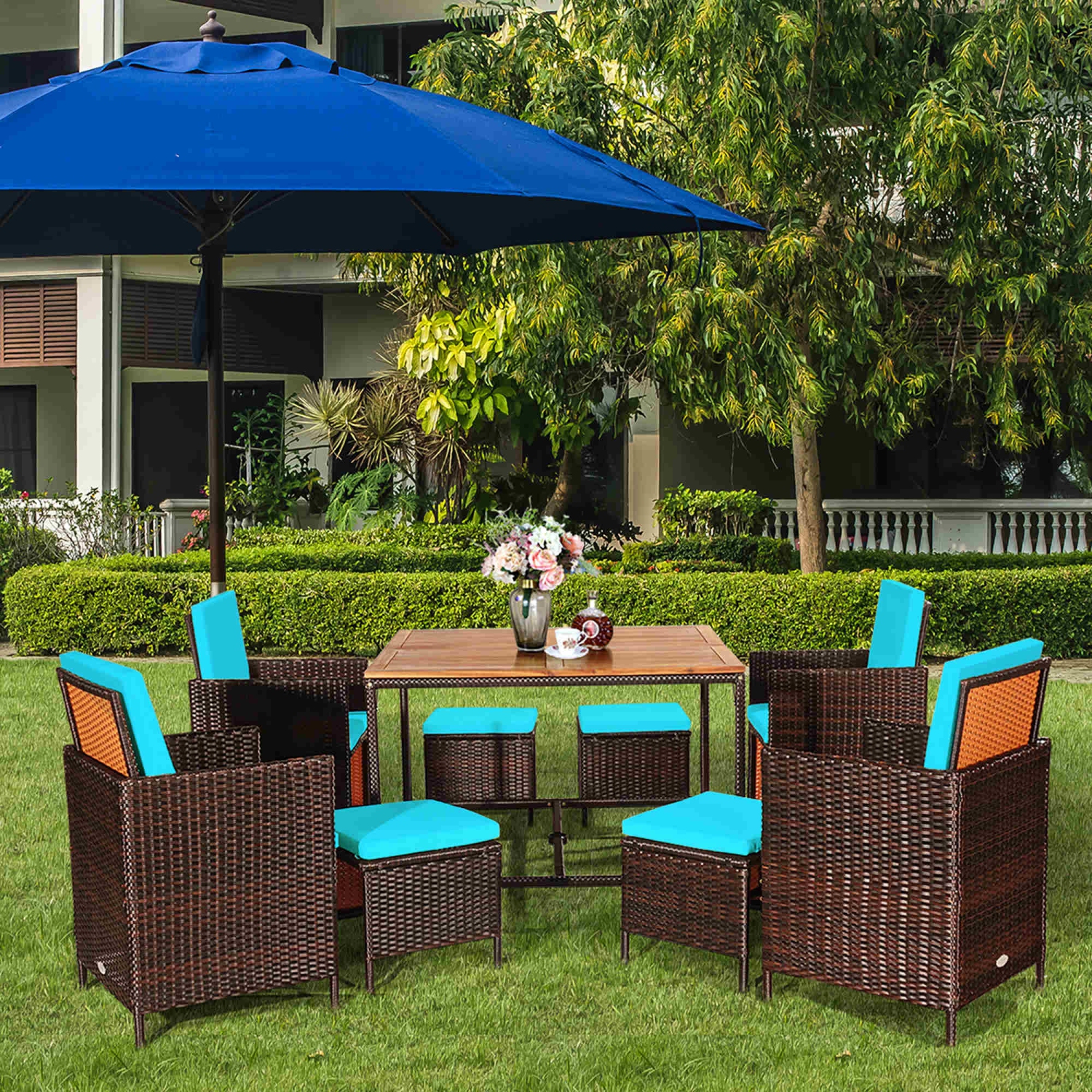 Costway 9PCS Patio Rattan Dining Set Cushioned Chairs Ottoman Wood Table Top