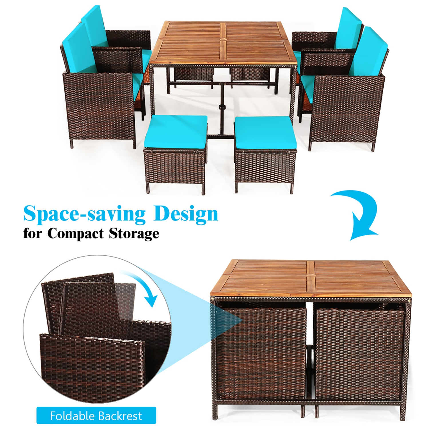 Costway 9PCS Patio Rattan Dining Set Cushioned Chairs Ottoman Wood Table Top