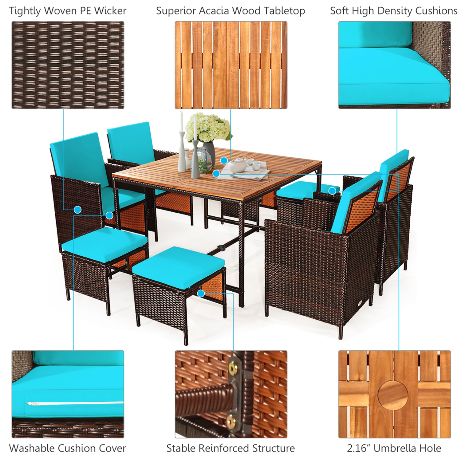 Costway 9PCS Patio Rattan Dining Set Cushioned Chairs Ottoman Wood Table Top