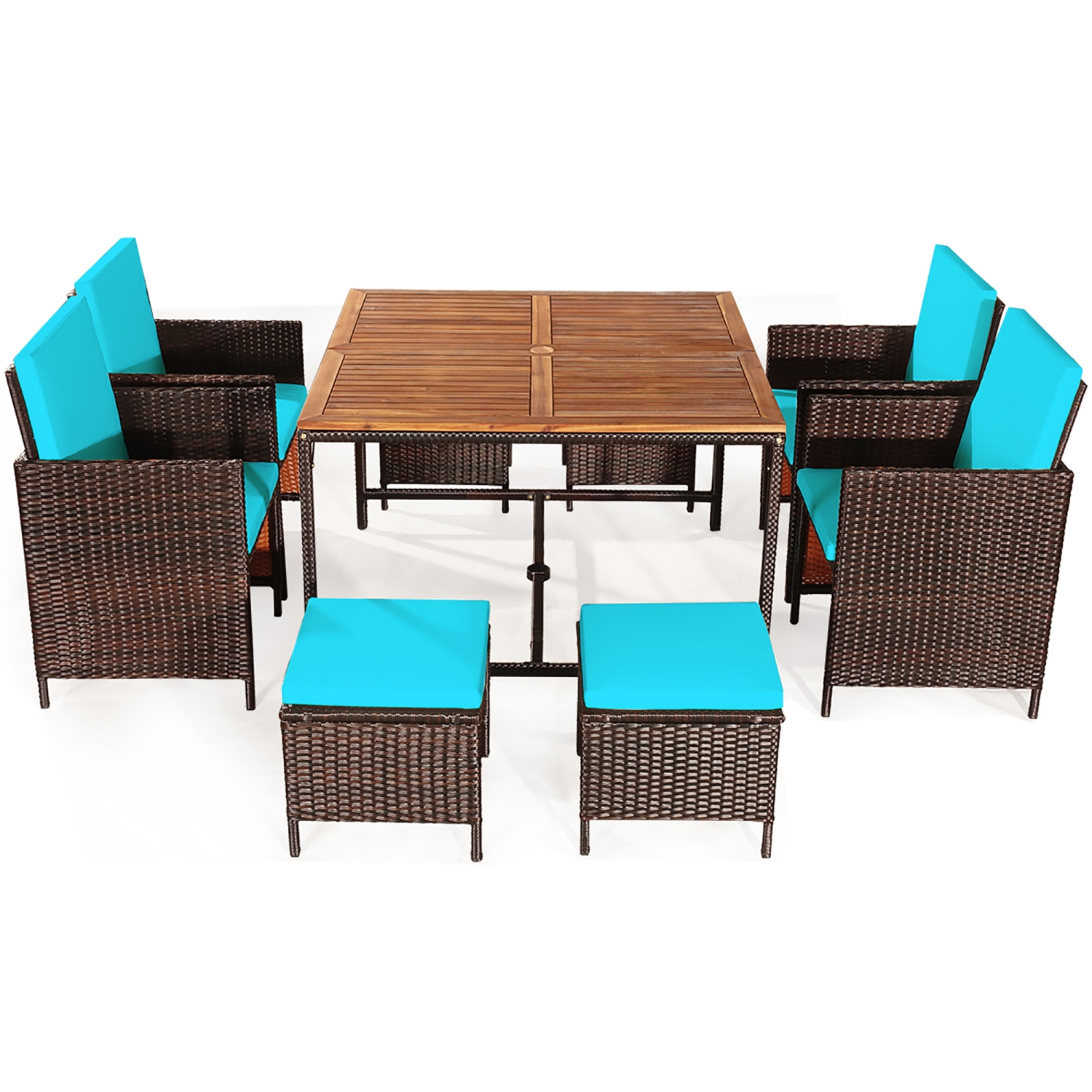 Costway 9PCS Patio Rattan Dining Set Cushioned Chairs Ottoman Wood Table Top