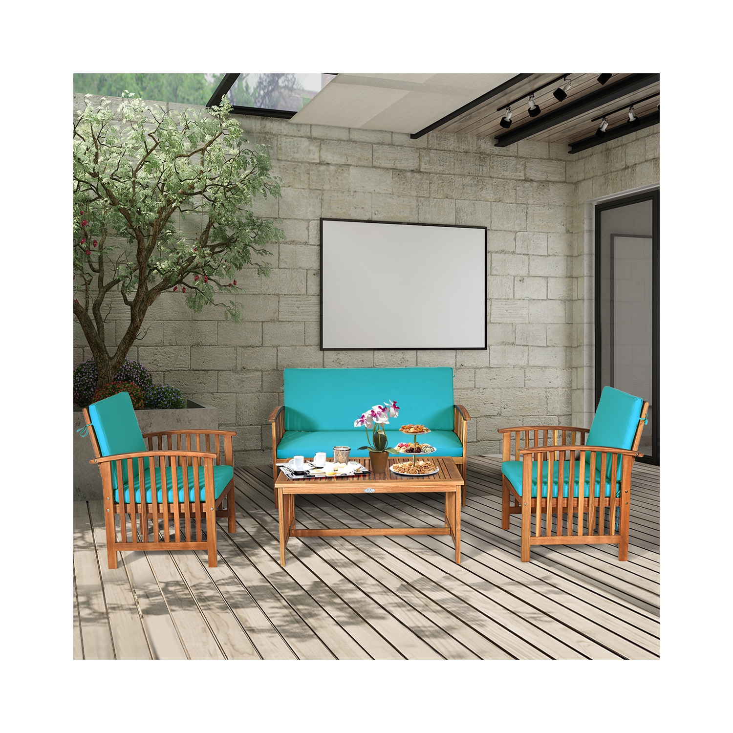 Costway 4PCS Patio Solid Wood Furniture Set Conversation Coffee Table