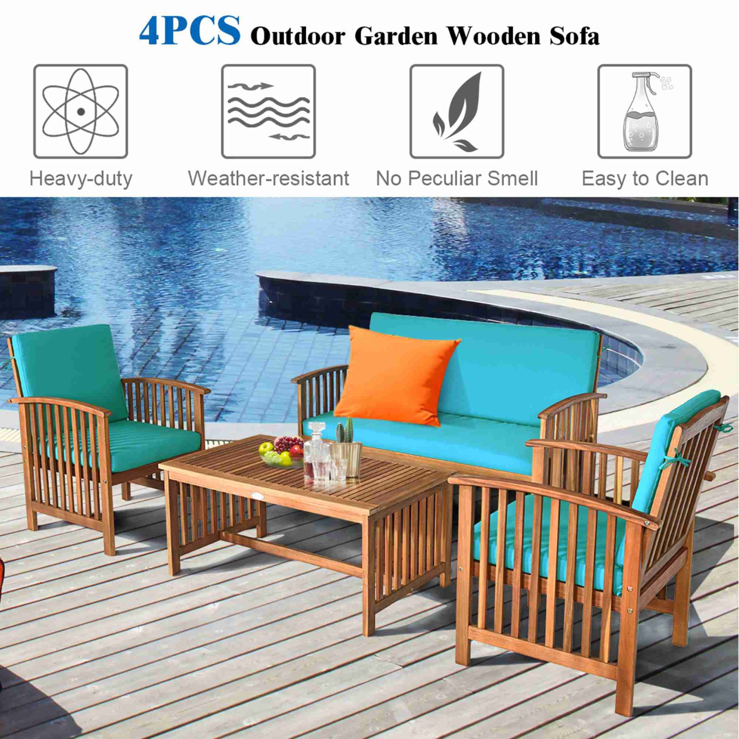 Costway 4PCS Patio Solid Wood Furniture Set Conversation Coffee Table