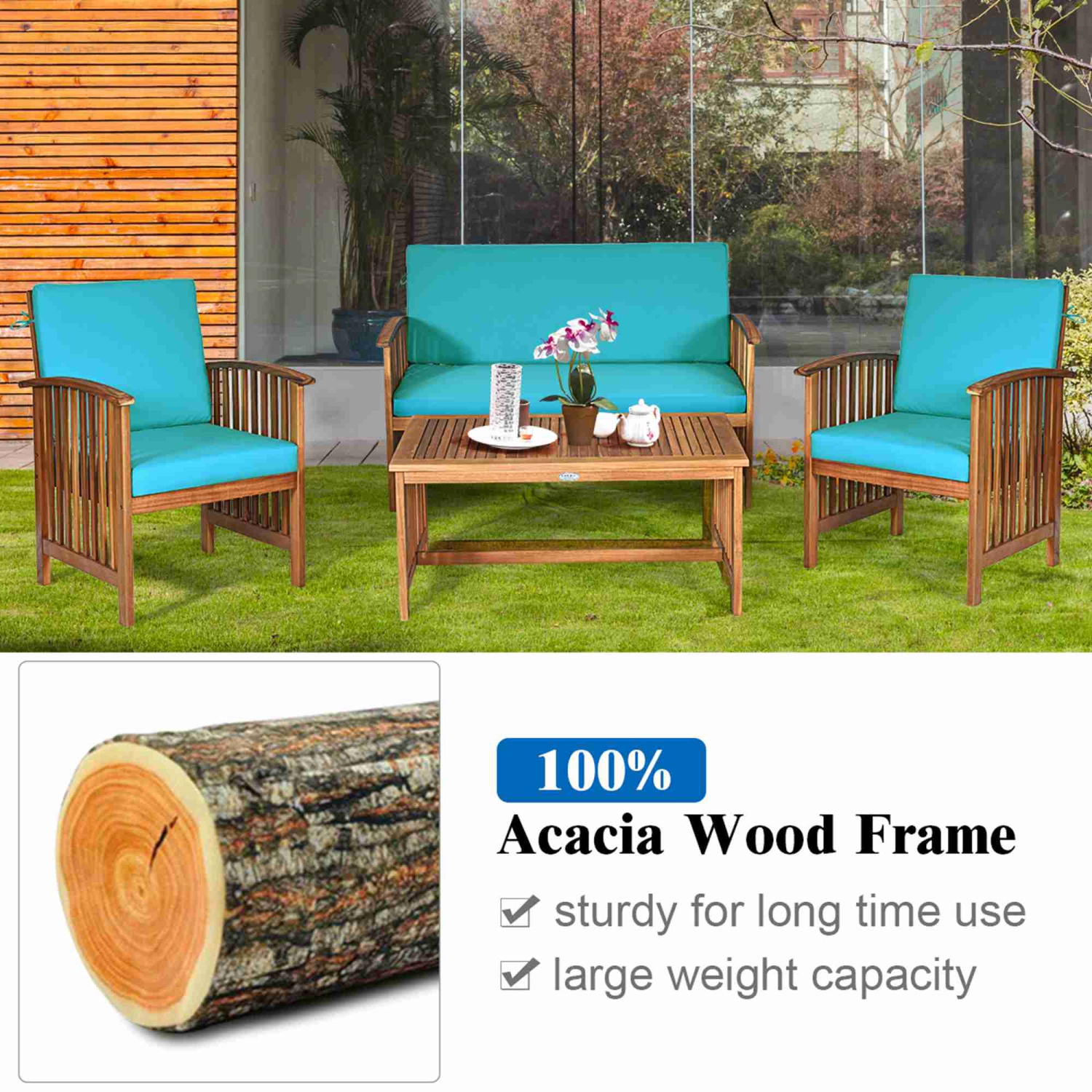 Costway 4PCS Patio Solid Wood Furniture Set Conversation Coffee Table