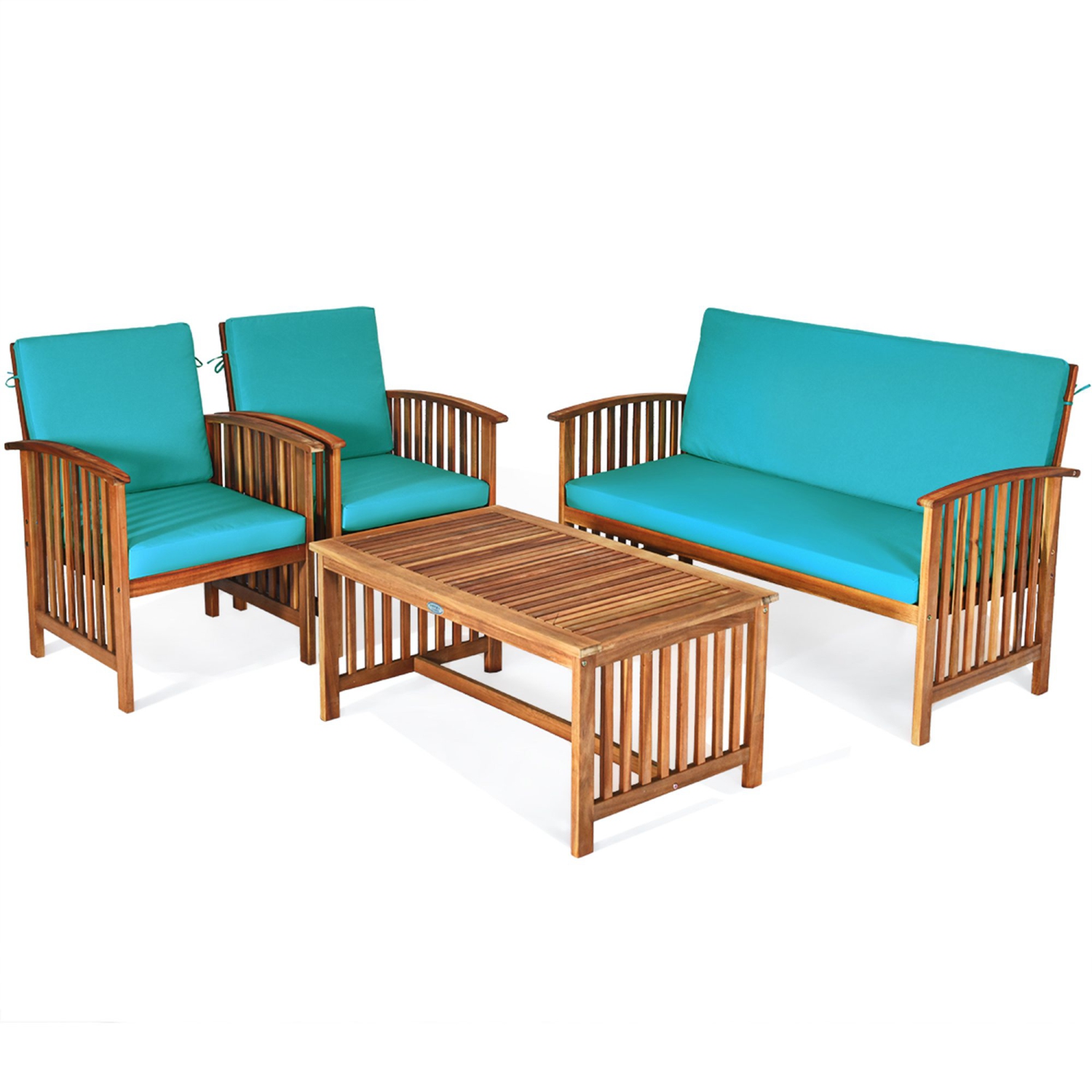 Costway 4PCS Patio Solid Wood Furniture Set Conversation Coffee Table