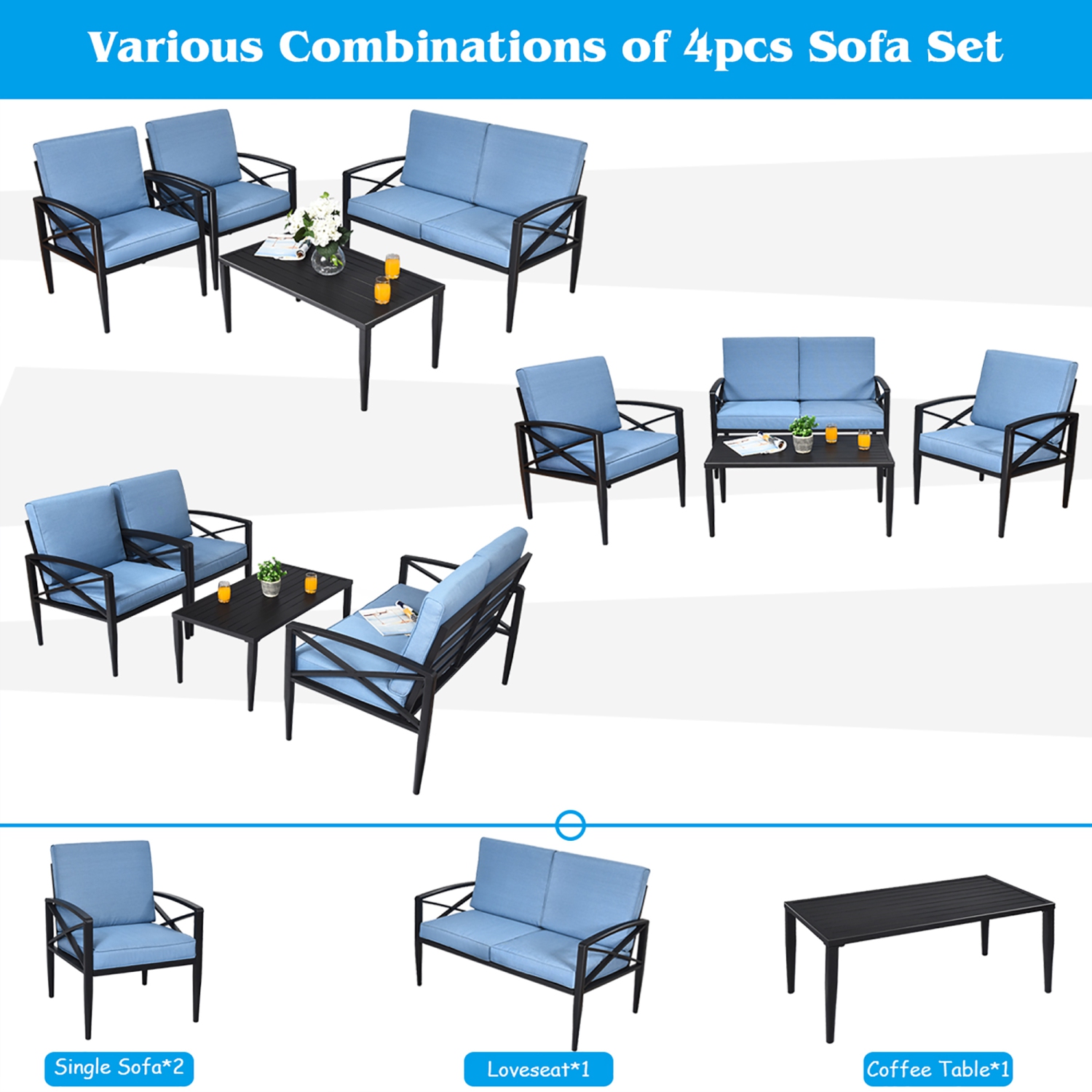 Costway 4PCS Patio Furniture Set Aluminum Frame Cushioned Sofa Chair Coffee Table Blue