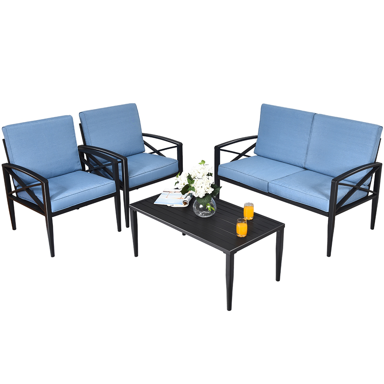 Costway 4PCS Patio Furniture Set Aluminum Frame Cushioned Sofa Chair Coffee Table Blue