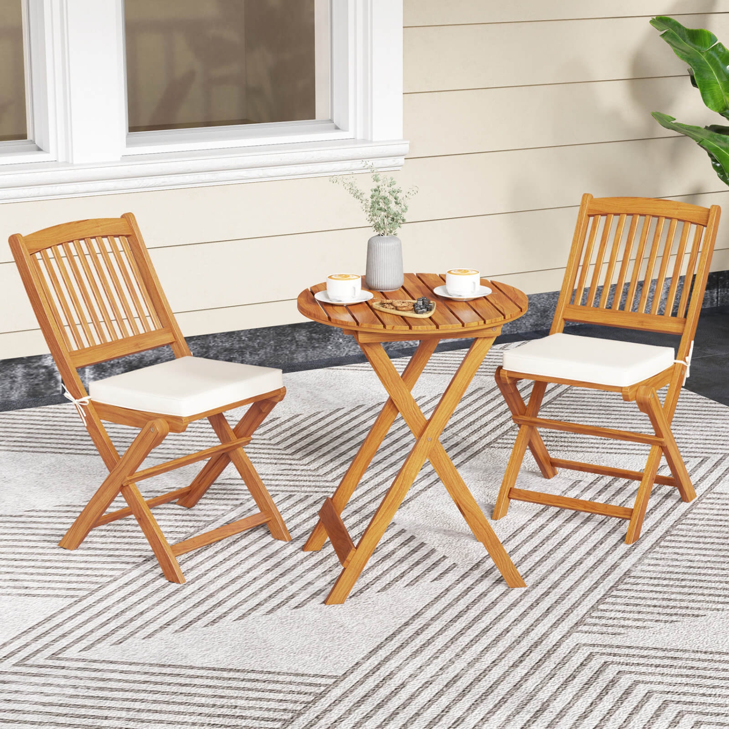 Costway 3PCS Patio Folding Wooden Bistro Set Cushioned Chair Conversation Cushion