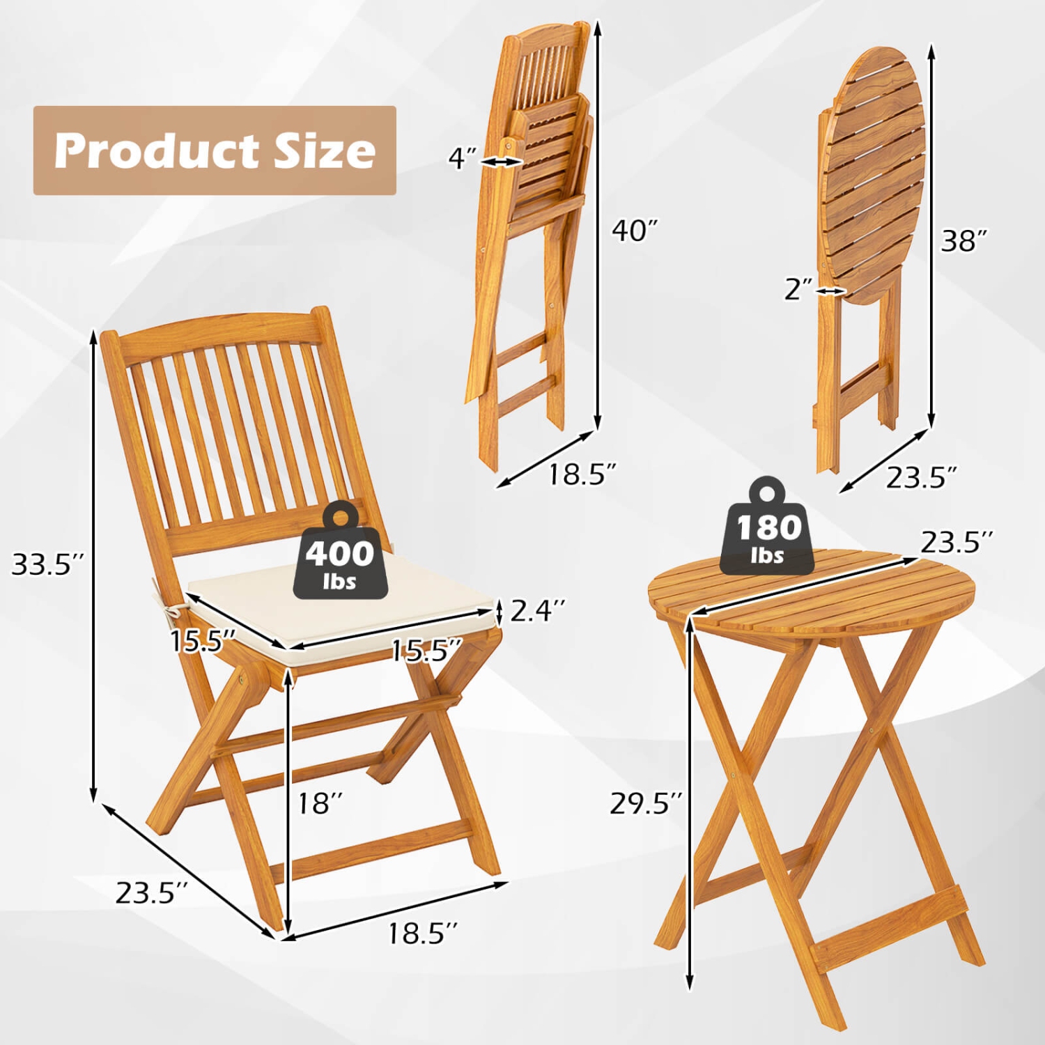 Costway 3PCS Patio Folding Wooden Bistro Set Cushioned Chair Conversation Cushion