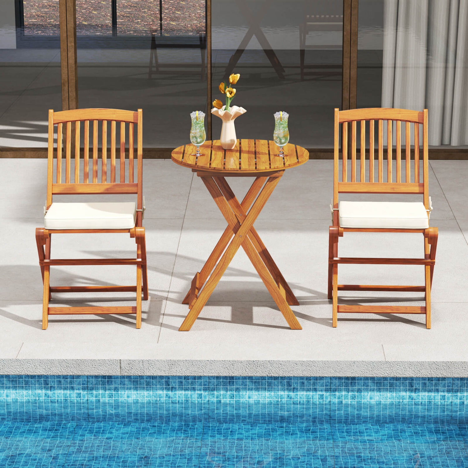 Costway 3PCS Patio Folding Wooden Bistro Set Cushioned Chair Conversation Cushion