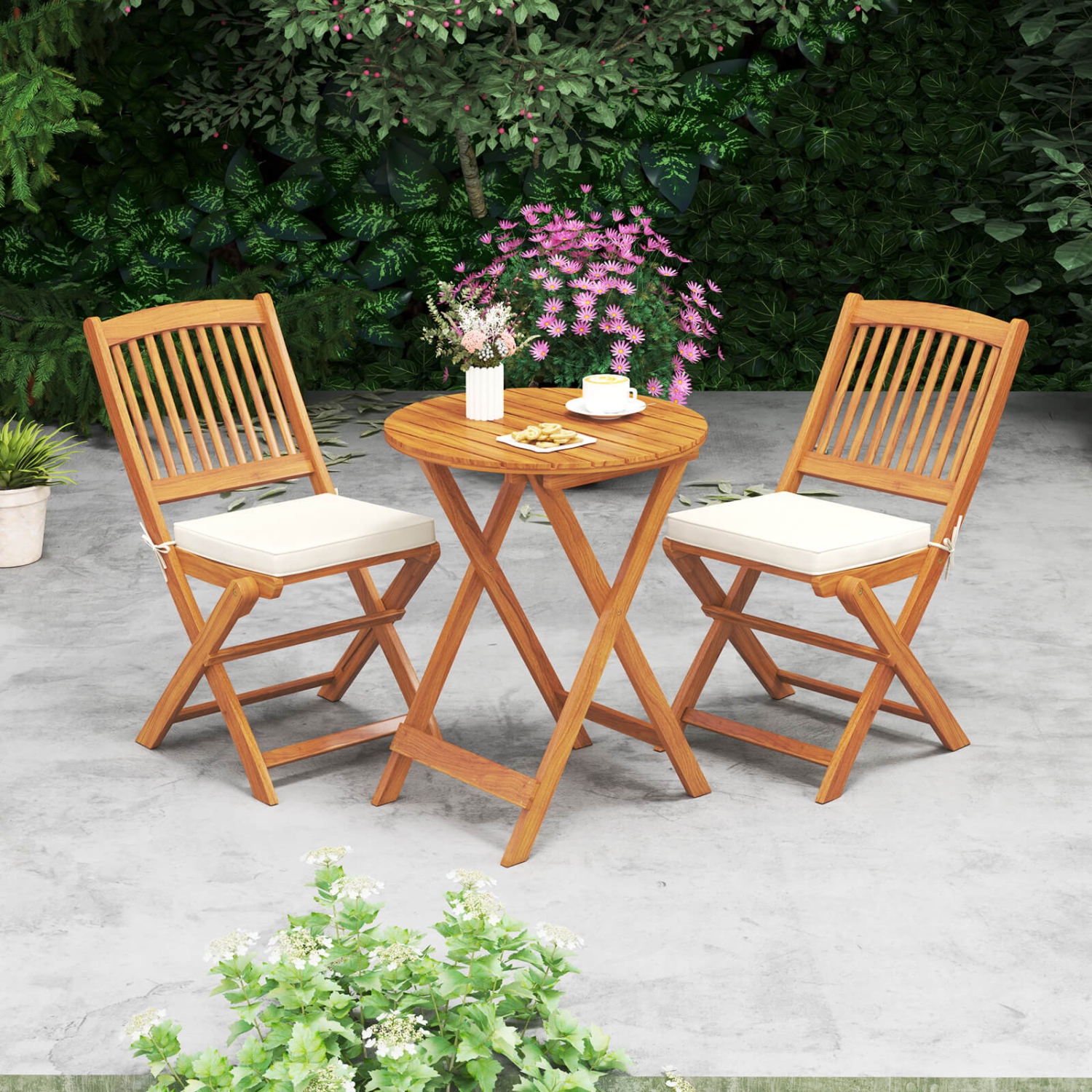 Costway 3PCS Patio Folding Wooden Bistro Set Cushioned Chair Conversation Cushion