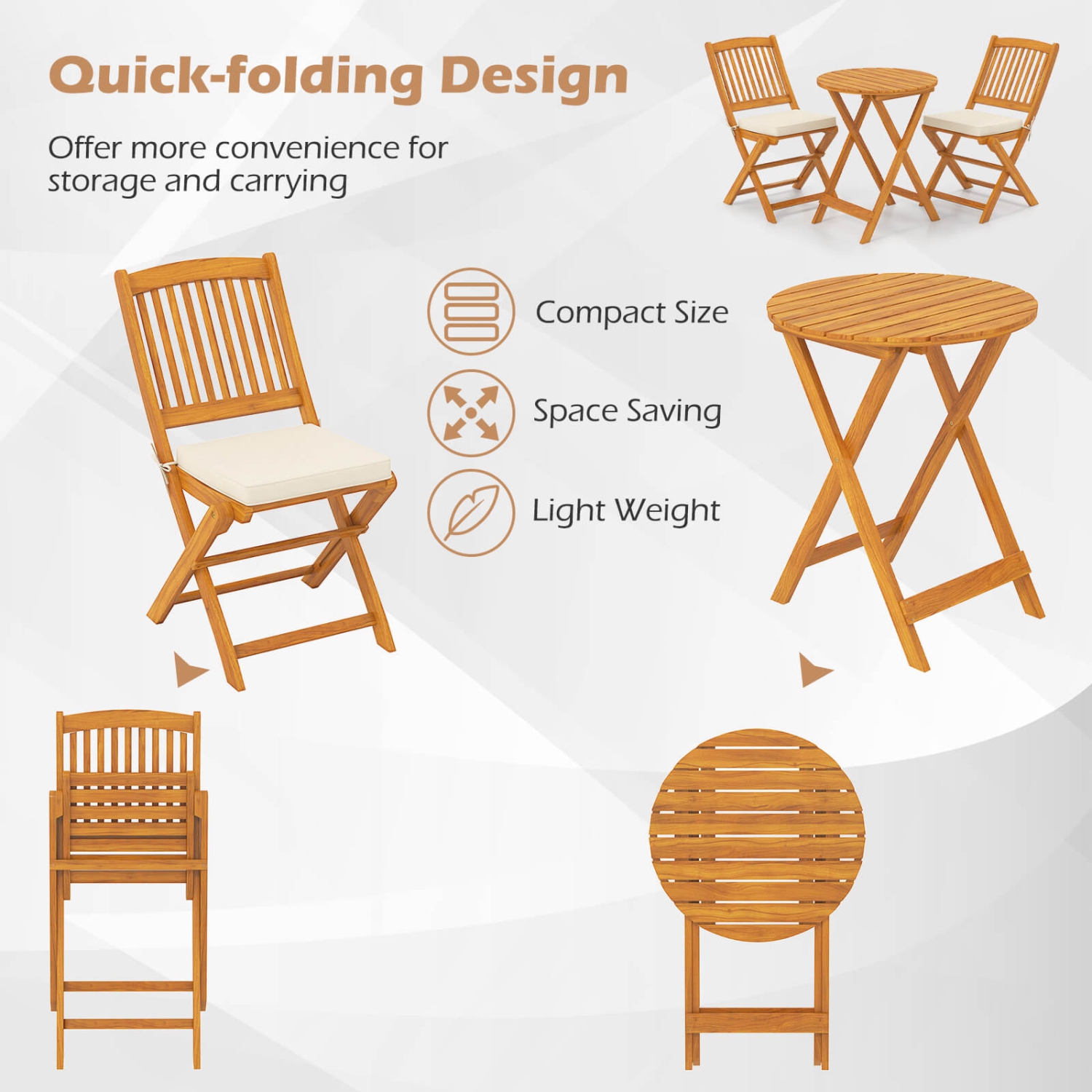Costway 3PCS Patio Folding Wooden Bistro Set Cushioned Chair Conversation Cushion