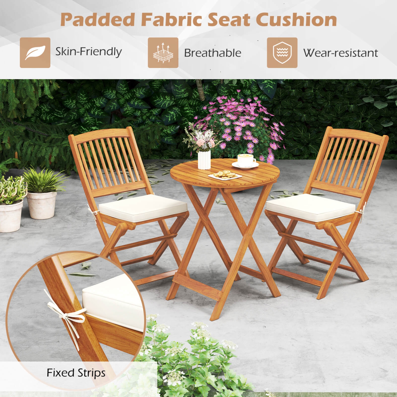 Costway 3PCS Patio Folding Wooden Bistro Set Cushioned Chair Conversation Cushion