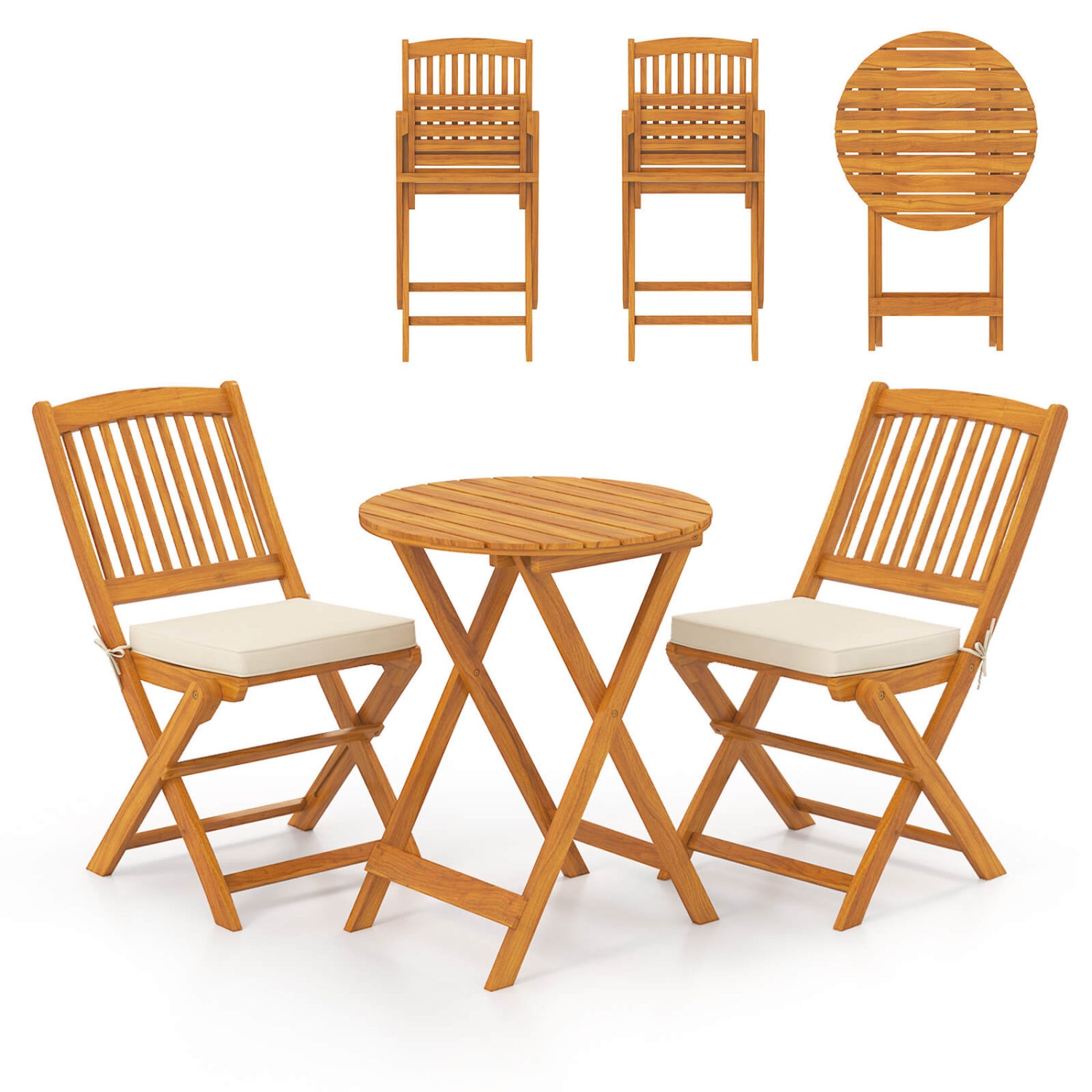 Costway 3PCS Patio Folding Wooden Bistro Set Cushioned Chair Conversation Cushion