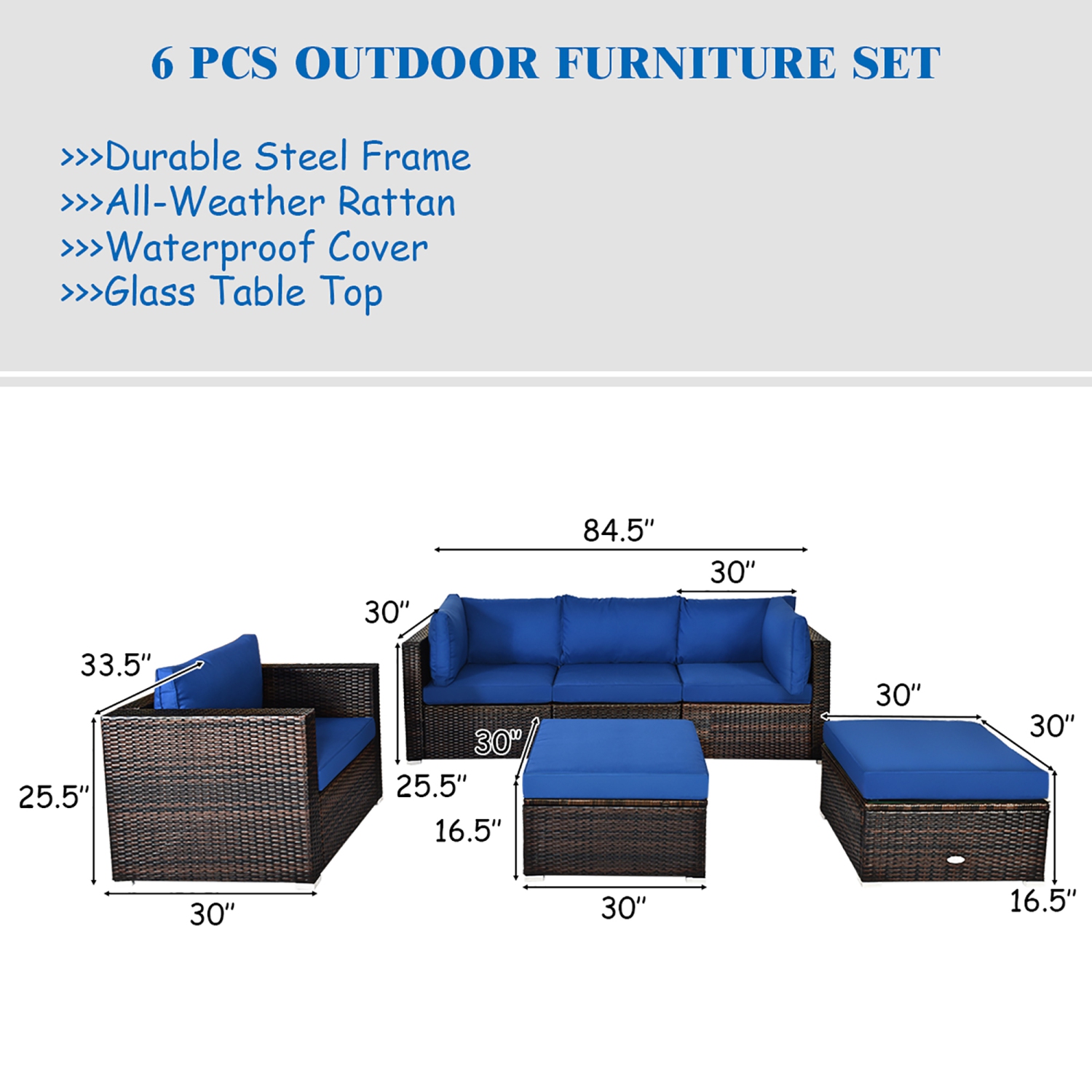 Costway 6PCS Patio Rattan Furniture Set Sofa Coffee Table Ottoman Navy