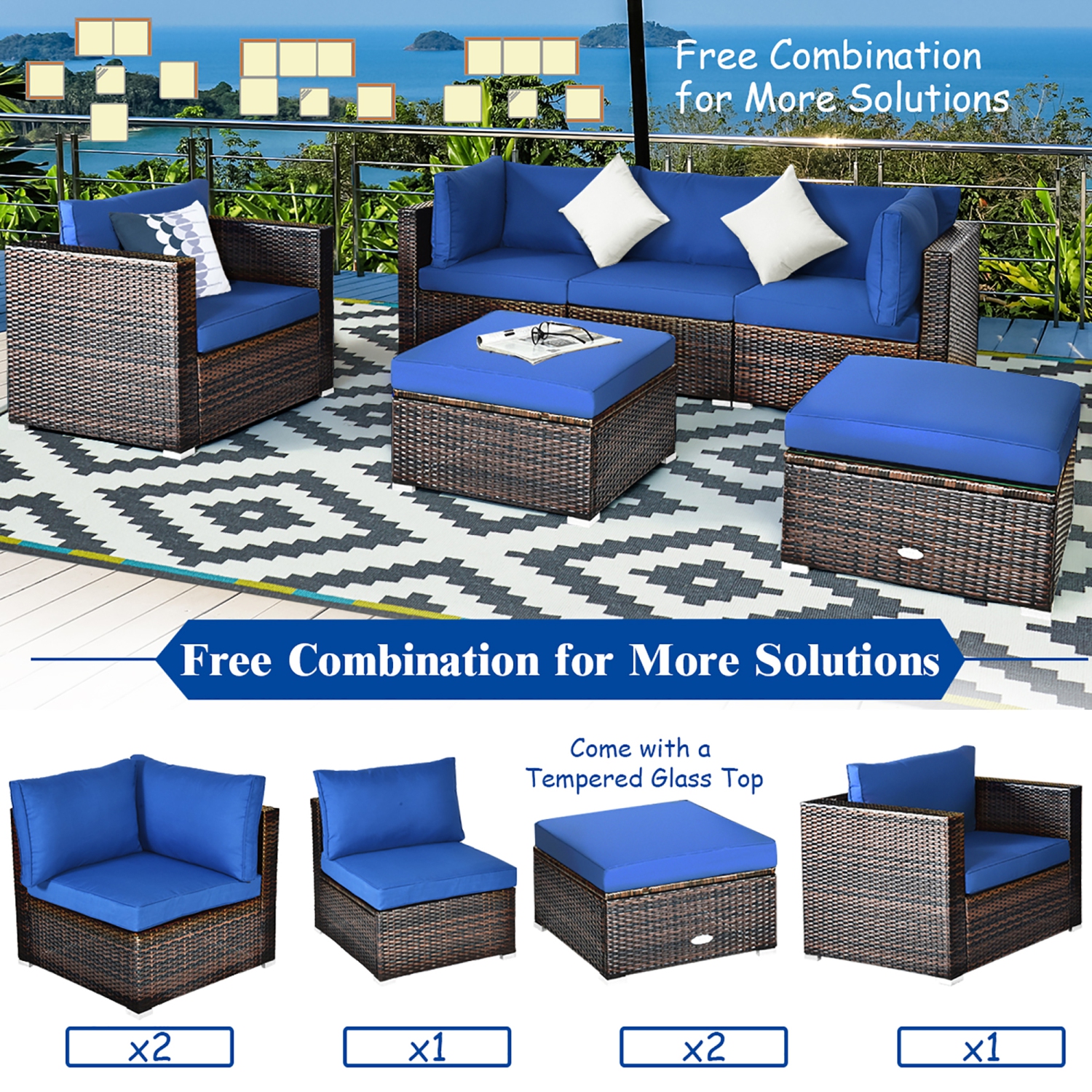Costway 6PCS Patio Rattan Furniture Set Sofa Coffee Table Ottoman Navy