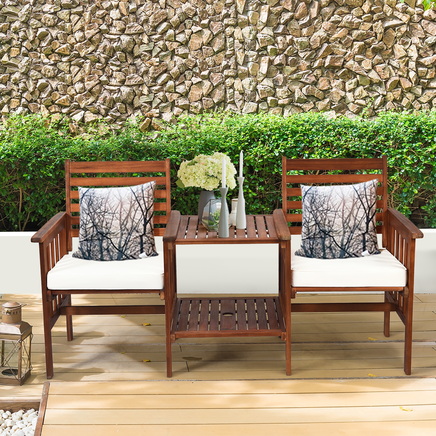 Costway Patio Loveseat Conversation Set Acacia Wood Chair Coffee Table Cushioned