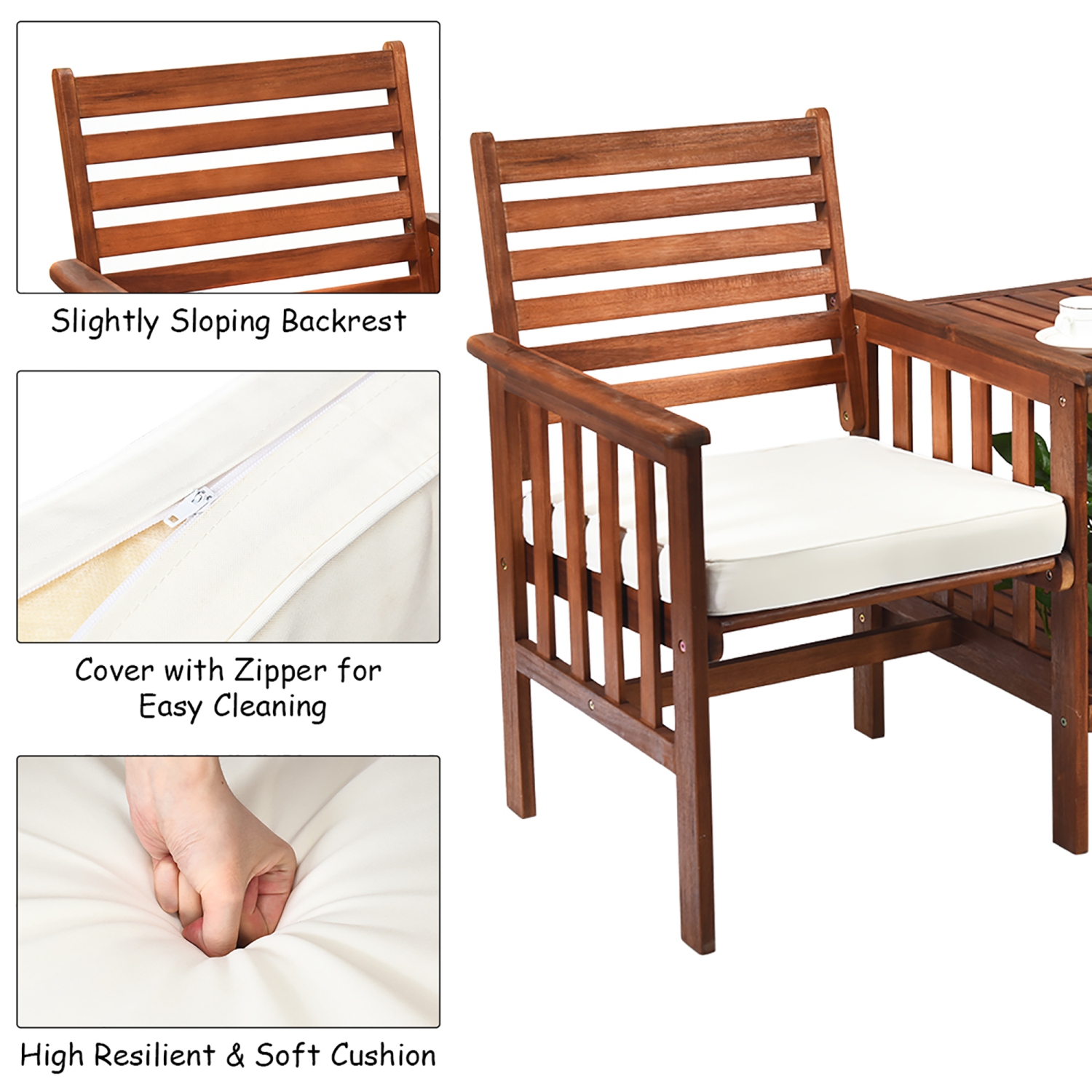 Costway Patio Loveseat Conversation Set Acacia Wood Chair Coffee Table Cushioned