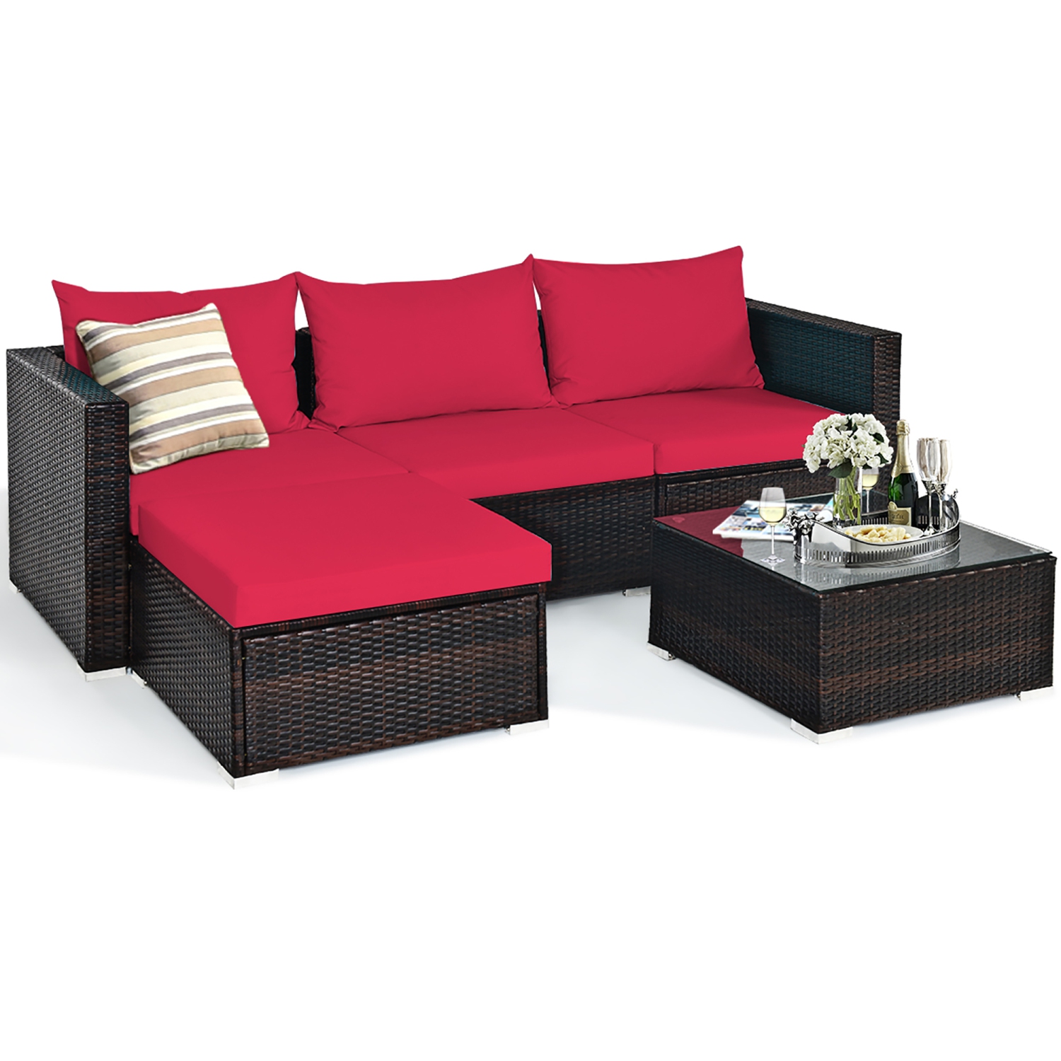 Costway 5PCS Patio Rattan Furniture Set Sectional Conversation Sofa w/ Coffee Table