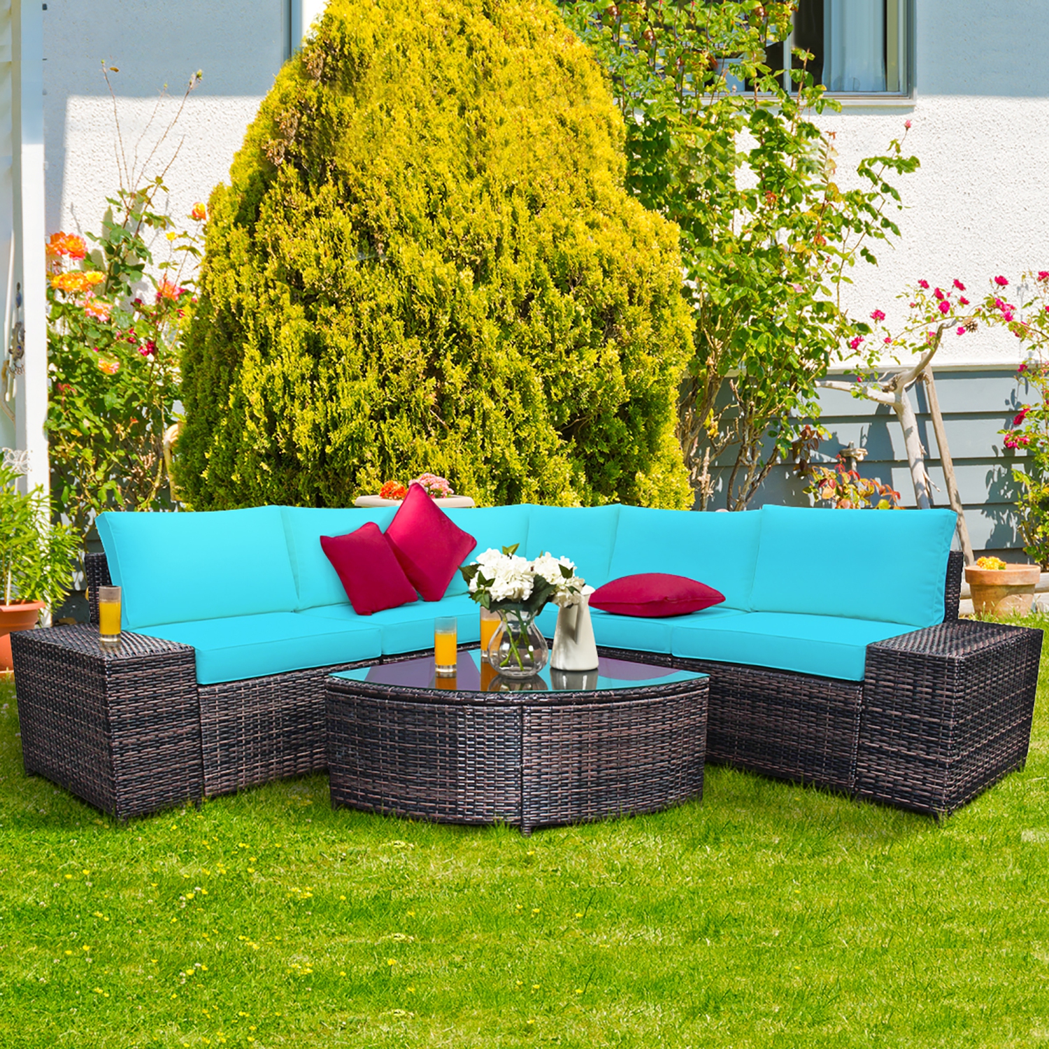 Costway 6PCS Rattan Furniture Set Conversation Cushioned Sofa Armrest Garden