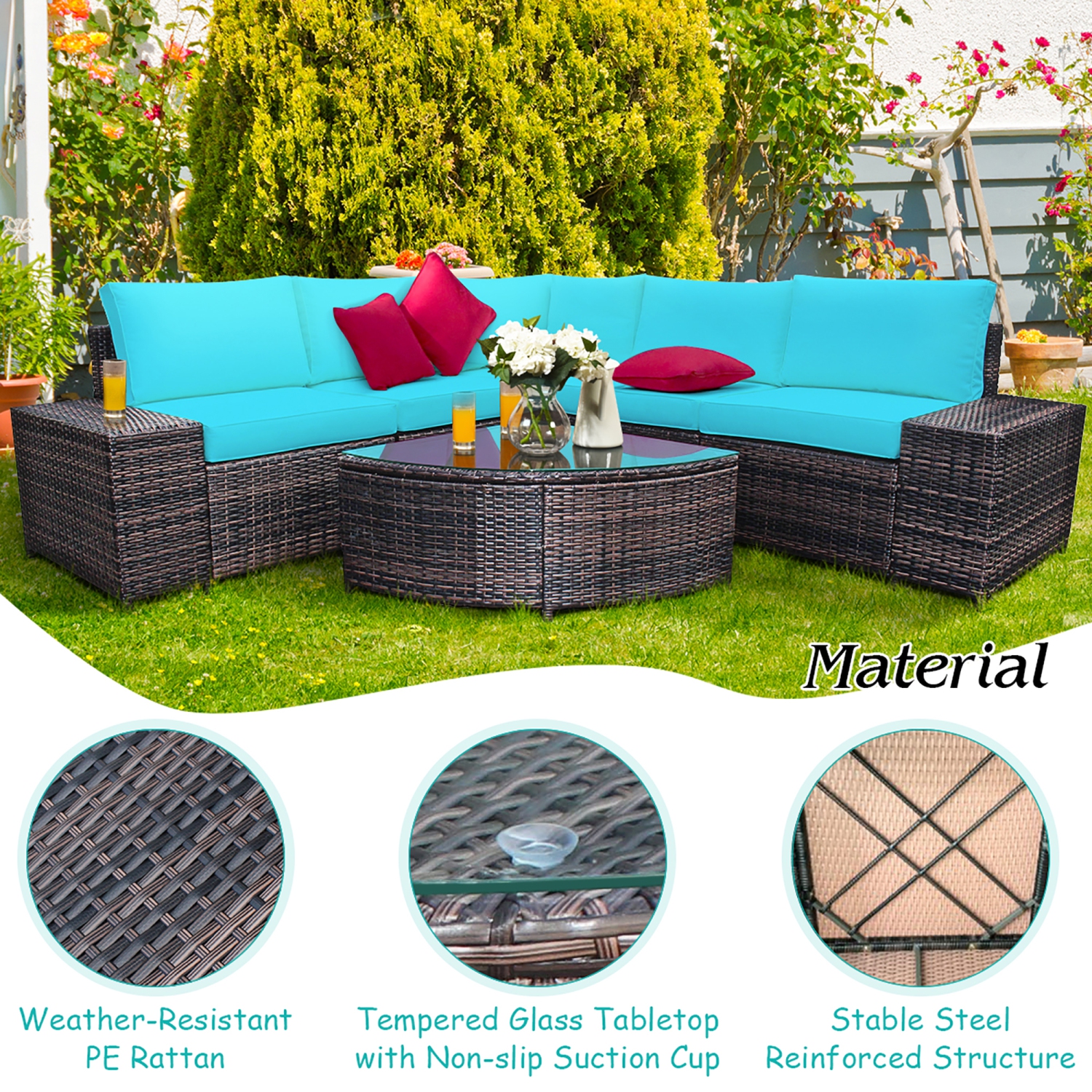 Costway 6PCS Rattan Furniture Set Conversation Cushioned Sofa Armrest Garden